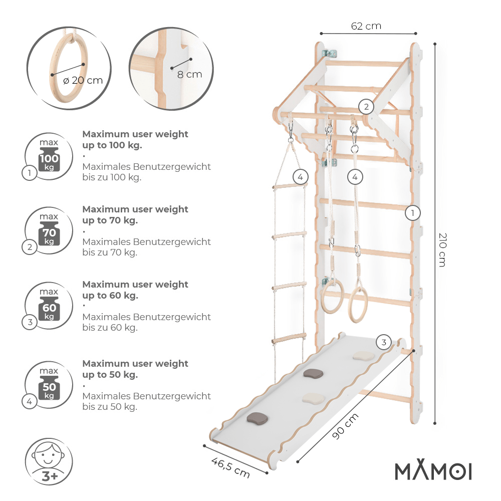 MAMOI® Swedish ladder, Wooden gorilla gym for kids, Indoor baby climbing frame for toddlers, Monkey bars and play gym, Childrens climbing wall, Gymnastics bar and equipment for home-1