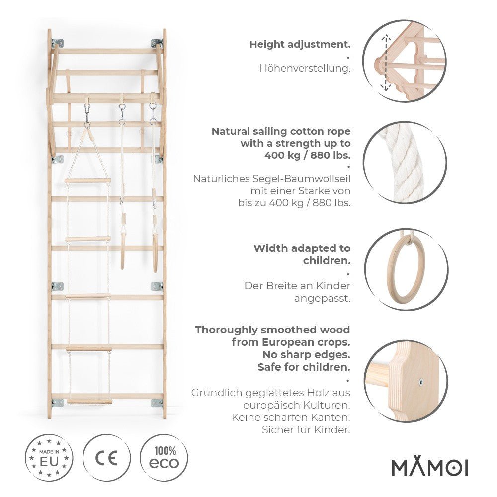 MAMOI® Swedish ladder, Wooden gorilla gym for kids, Indoor baby climbing frame for toddlers, Monkey bars and play gym, Childrens climbing wall, Gymnastics bar and equipment for home - mezetto