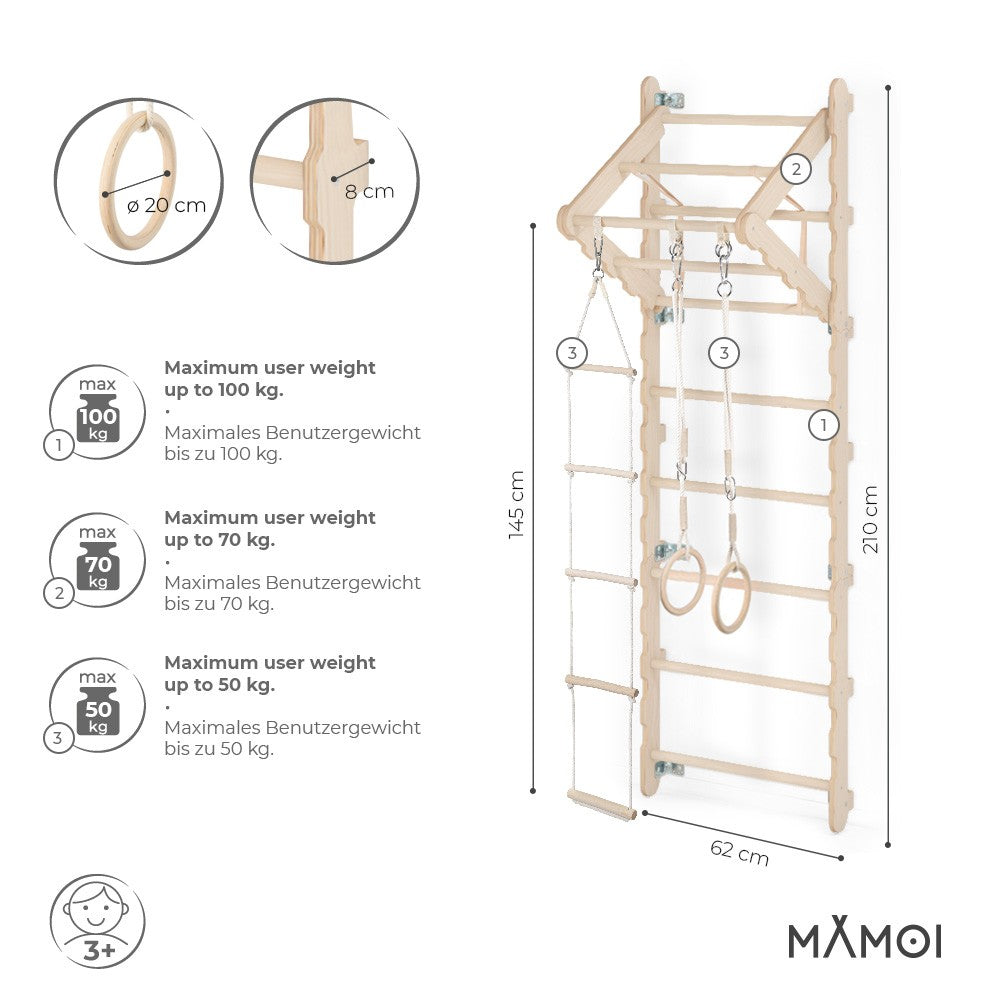 MAMOI® Swedish ladder, Wooden gorilla gym for kids, Indoor baby climbing frame for toddlers, Monkey bars and play gym, Childrens climbing wall, Gymnastics bar and equipment for home-1