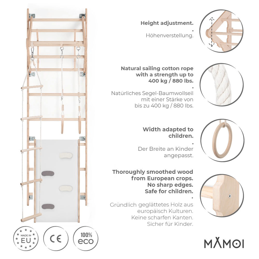 MAMOI® Swedish ladder, Wooden gorilla gym for kids, Indoor baby climbing frame for toddlers, Monkey bars and play gym, Childrens climbing wall, Gymnastics bar and equipment for home-2