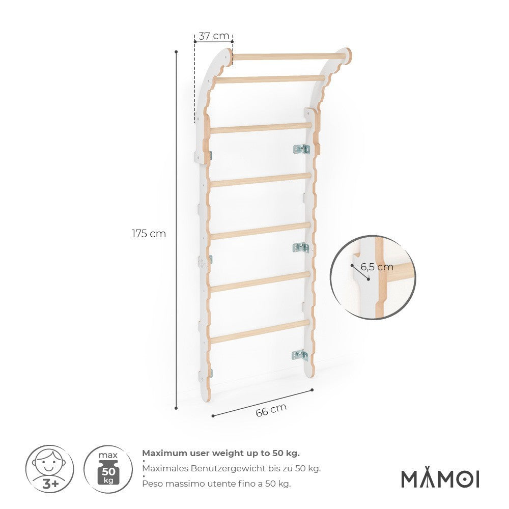 MAMOI® Swedish ladder, Wooden gorilla gym for kids, Indoor baby climbing frame for toddlers, Monkey bars and play gym, Childrens climbing wall, Gymnastics bar and equipment for home-2