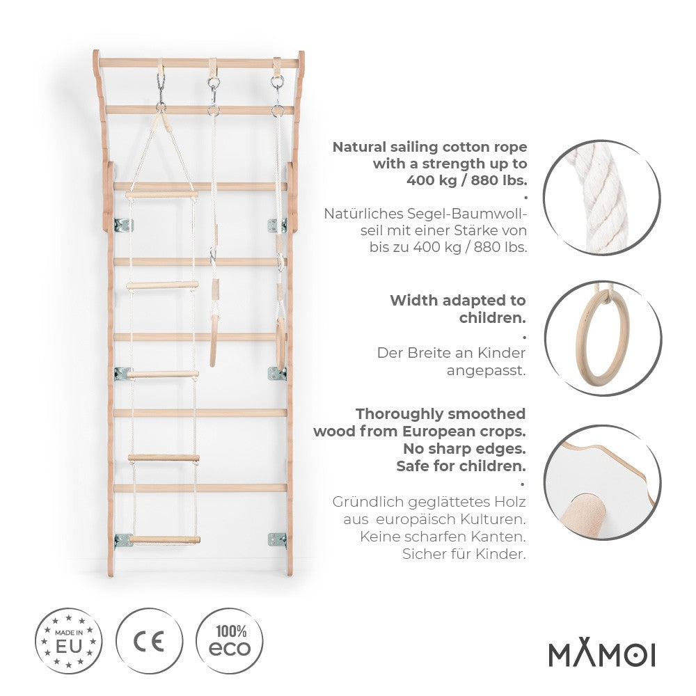MAMOI® Swedish ladder, Wooden gorilla gym for kids, Indoor baby climbing frame for toddlers, Monkey bars and play gym, Childrens climbing wall, Gymnastics bar and equipment for home-2