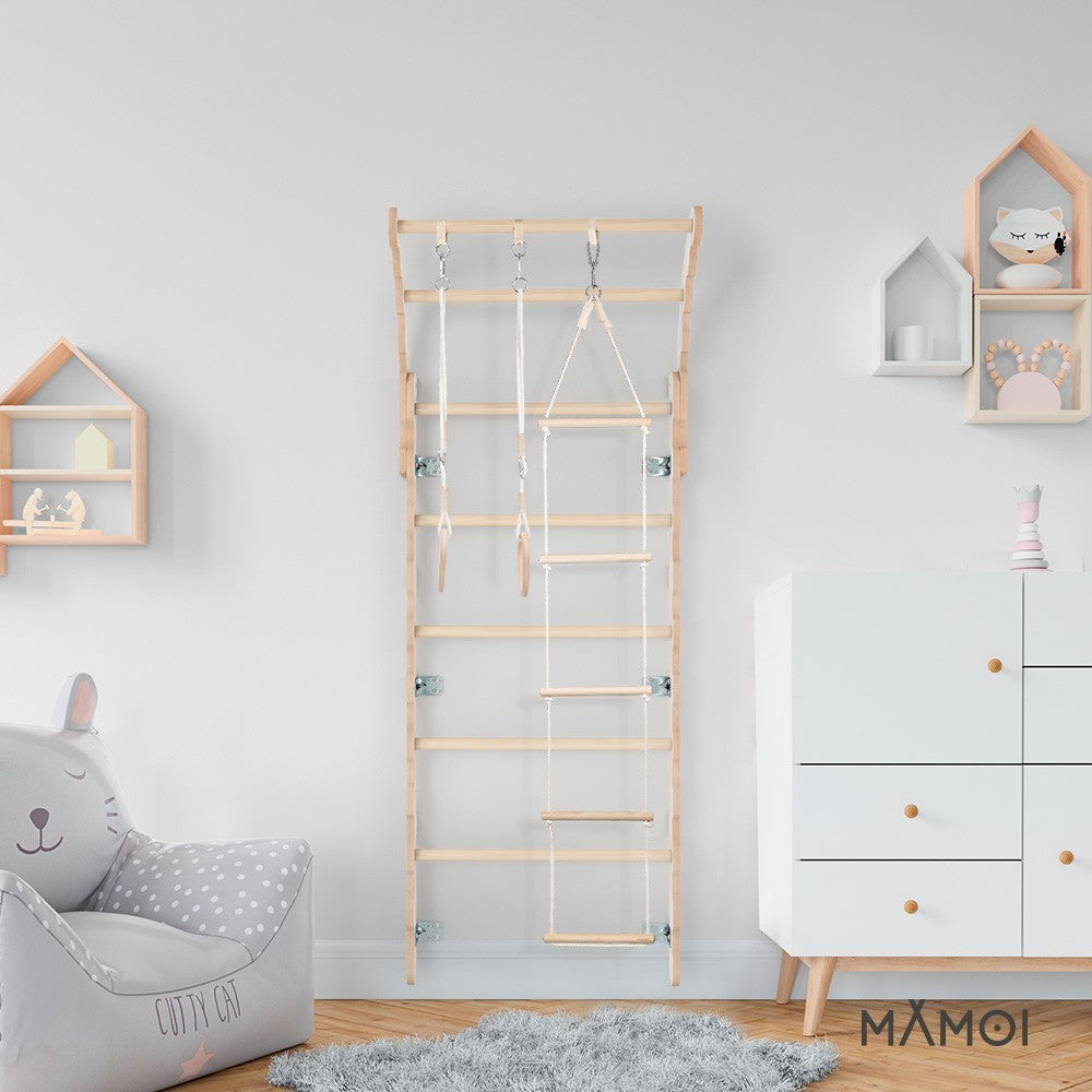 MAMOI® Swedish ladder, Wooden gorilla gym for kids, Indoor baby climbing frame for toddlers, Monkey bars and play gym, Childrens climbing wall, Gymnastics bar and equipment for home-6