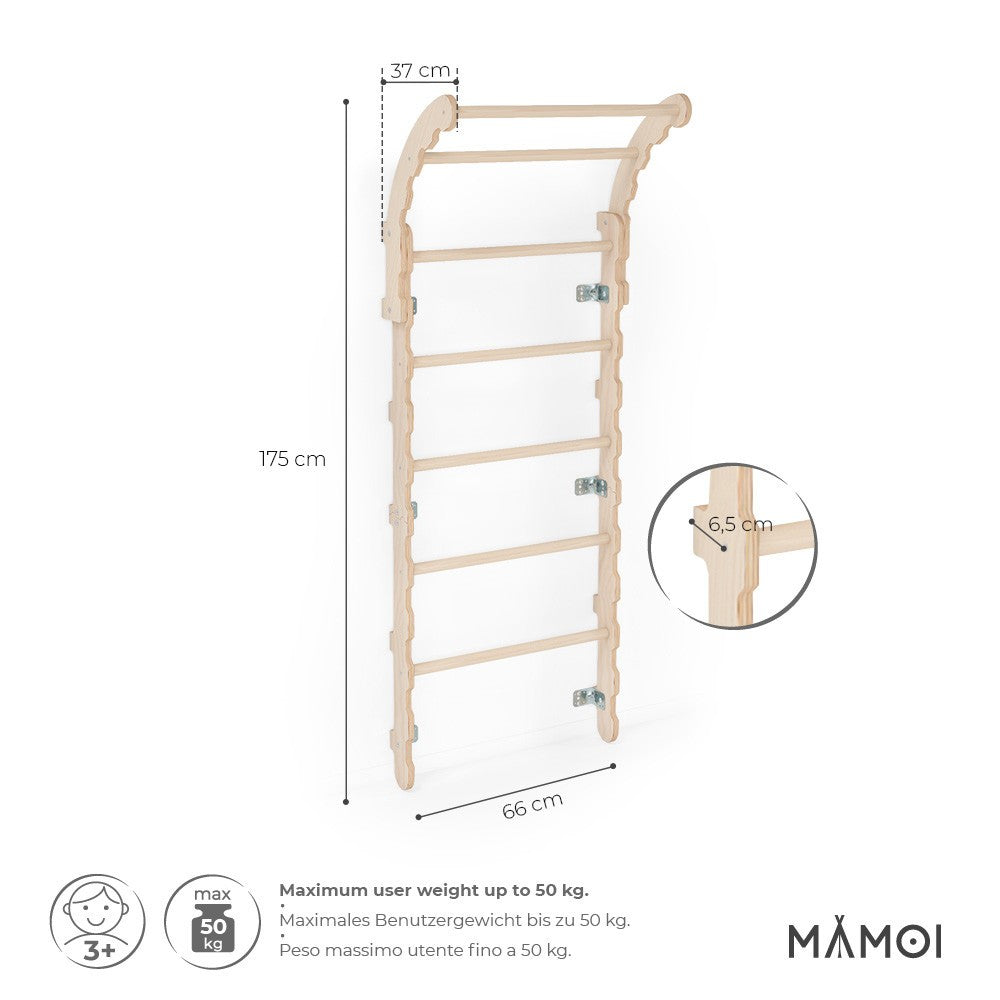 MAMOI® Swedish ladder, Wooden gorilla gym for kids, Indoor baby climbing frame for toddlers, Monkey bars and play gym, Childrens climbing wall, Gymnastics bar and equipment for home-2