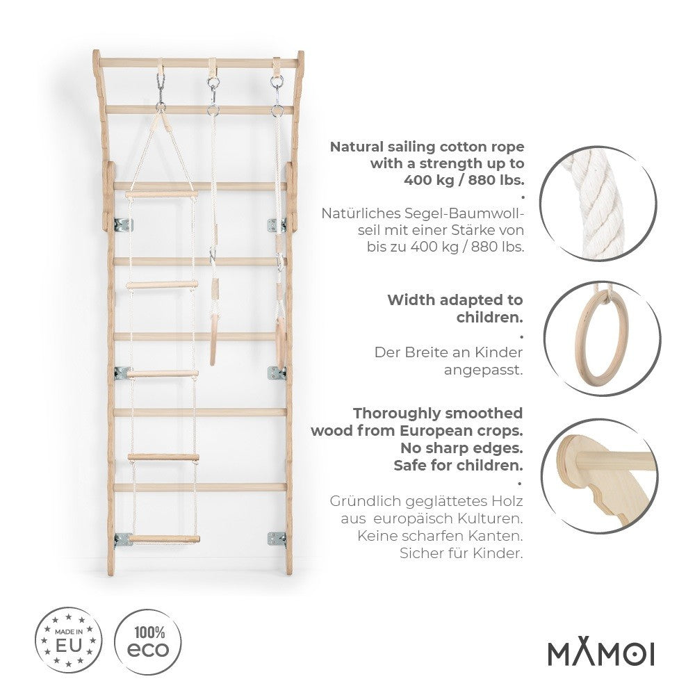 MAMOI® Swedish ladder, Wooden gorilla gym for kids, Indoor baby climbing frame for toddlers, Monkey bars and play gym, Childrens climbing wall, Gymnastics bar and equipment for home-2