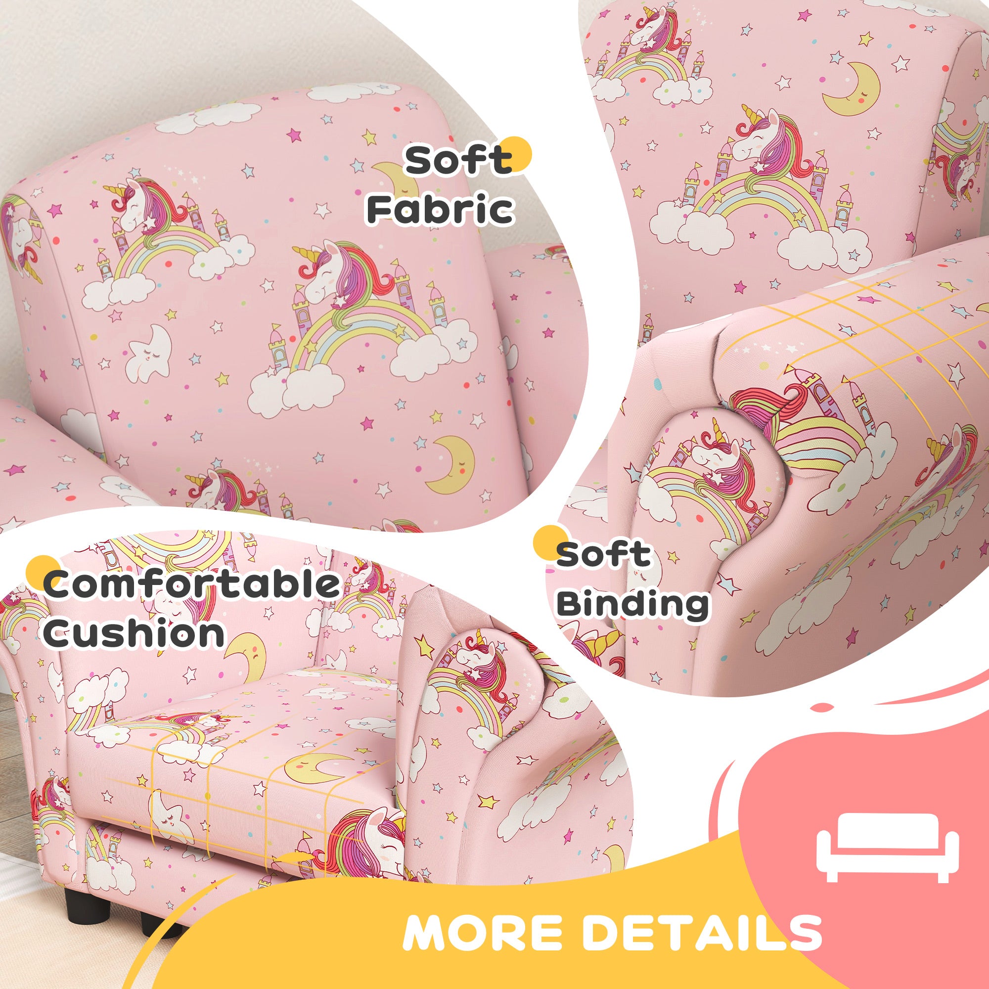 AIYAPLAY 2 Piece Kids Sofa Set with Unicorn Design, Wooden Frame, for 1.5-3 Years Old in Pink-4