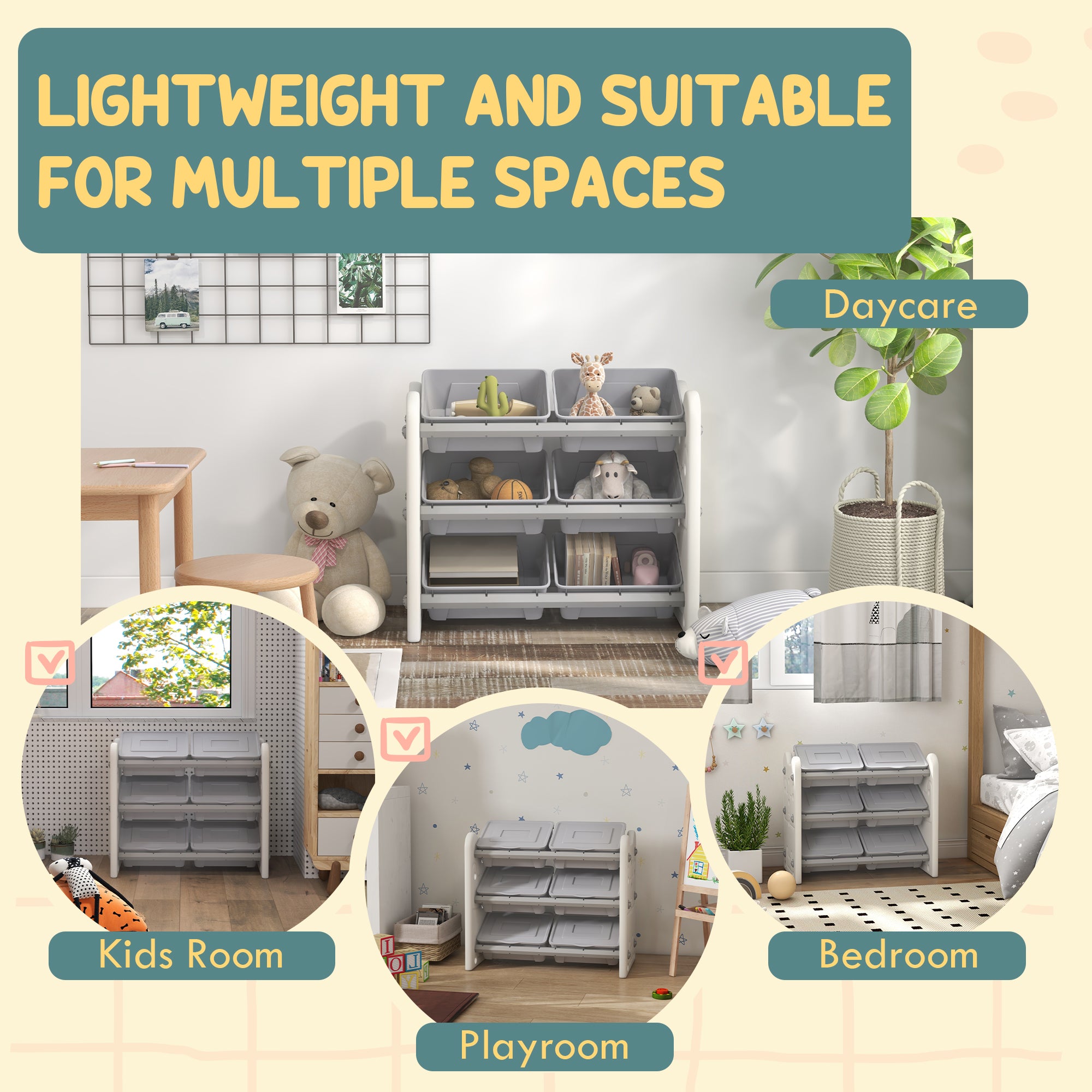 AIYAPLAY Grey 3 Tier Kids Toy Storage Units with 6 Storage Boxes, 76 x 37 x 60cm-4