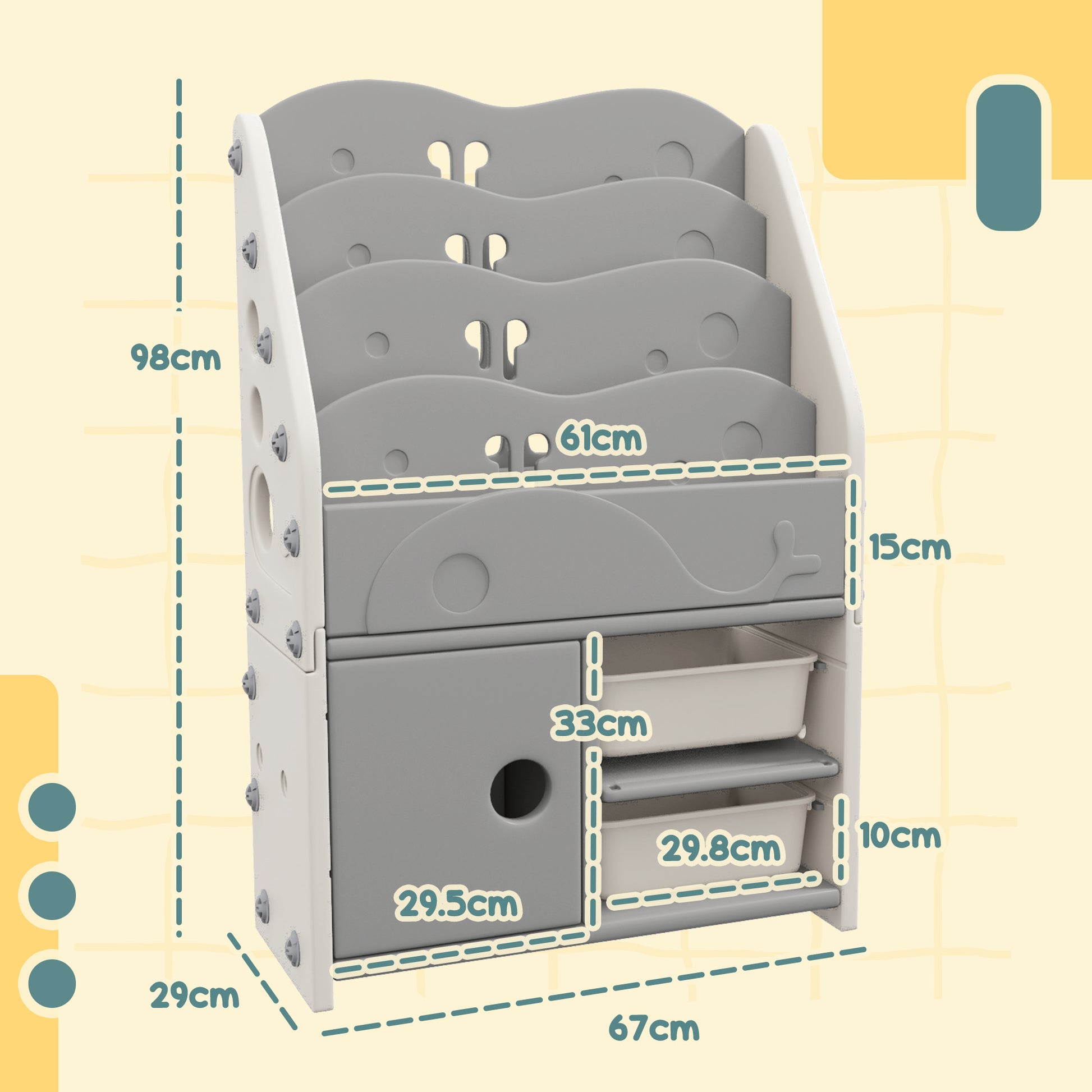 AIYAPLAY Kids Storage Units with 2 Storage Boxes, 4 Tier Bookshelf, Cabinet, 67 x 29 x 98cm Light Grey-1
