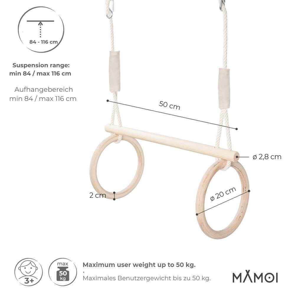 MAMOI® Trapeze bar baby swing, Indoor gymnastic rings, Monkey bars gorilla gym, Gymnastics pull up equipment for kids, Olympic rings and swings for calisthenics-1