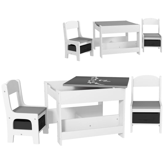 3PCs Kids Table and Chair Set with Blackboard, Storage, Bookshelves in Grey | HOMCOM-0