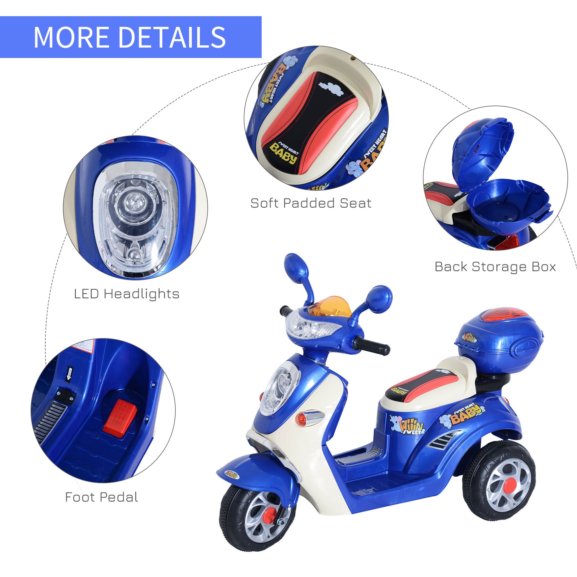 HOMCOM Electric Ride on Toy Tricycle Car-Blue-5