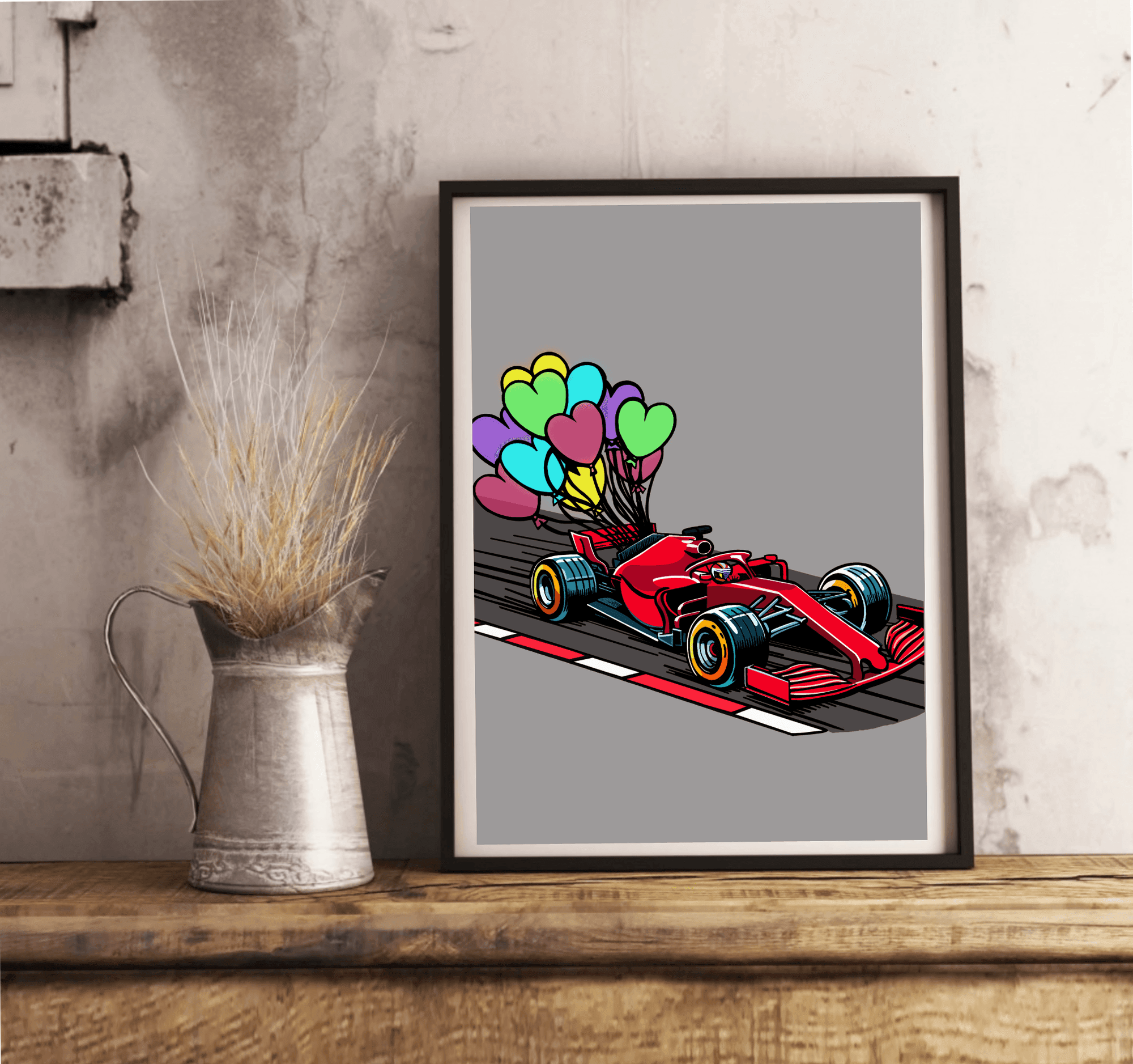 F1 Balloon Car – Whimsical Racing Art Print