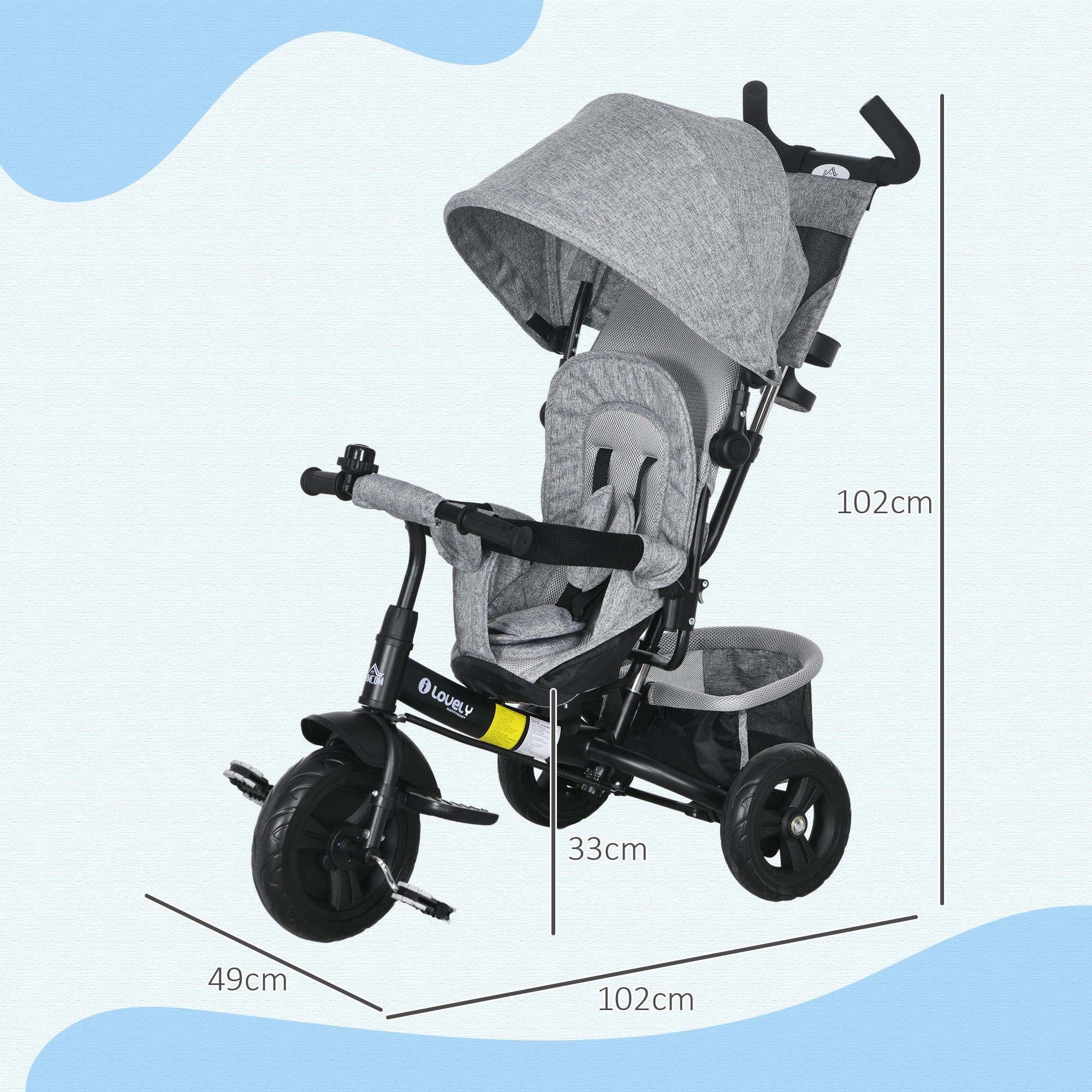 4 in 1 Kids Trike Push Bike with Push Handle and Canopy for 1-5 Years in Grey | HOMCOM-1