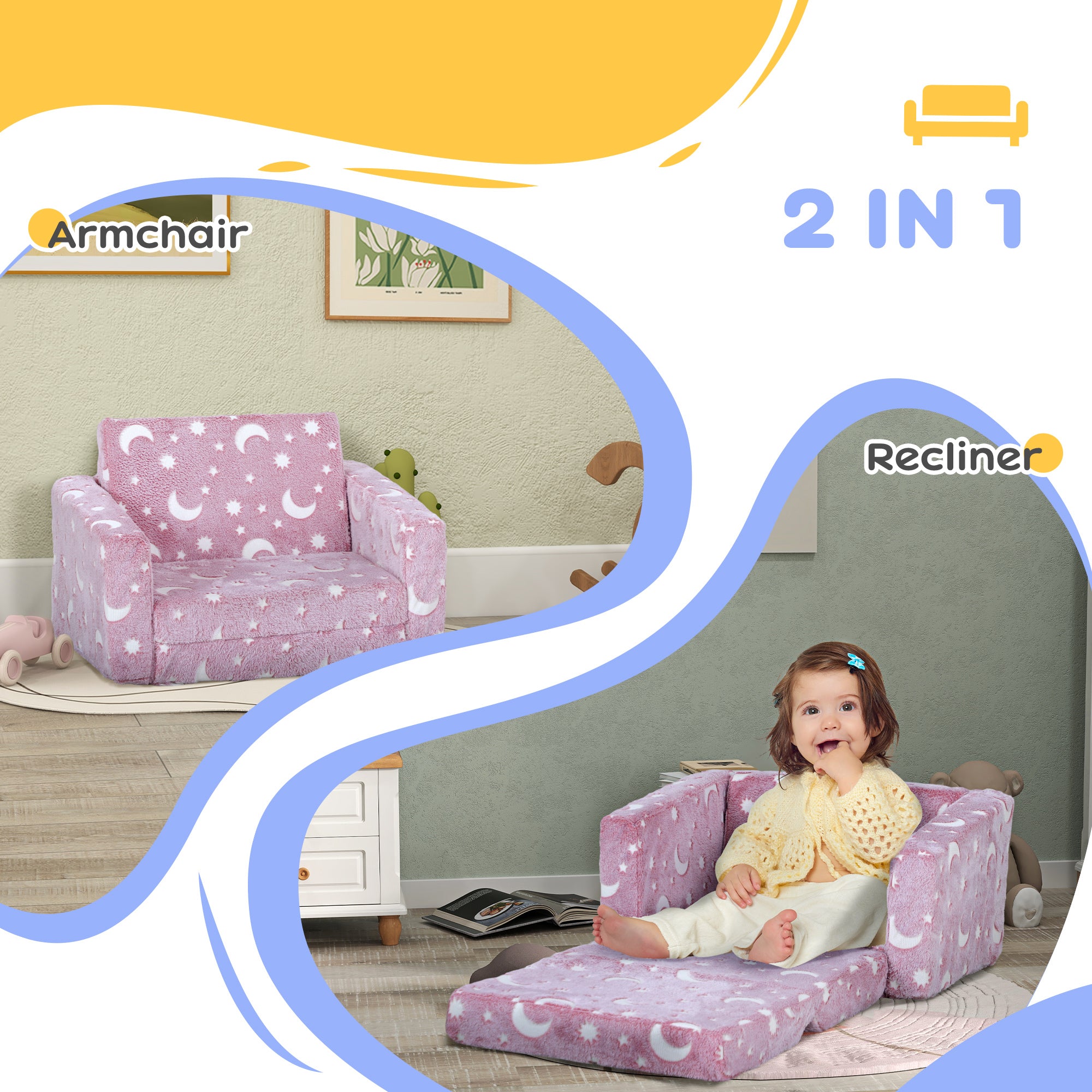 Childrens Sofa Beds 2 in 1 Kids Foldable Chair with Glow in The Dark Stars Moon Design, Washable Cushion and Cover in Pink | AIYAPLAY-3