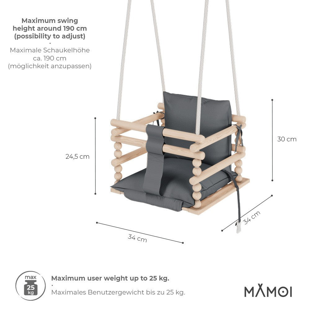 MAMOI® Baby swing Grey, Toddler sensory seat 3 in 1, Wooden door bouncer for kids, Indoor swings set, Chair from birth for toddlers age 1-3-2