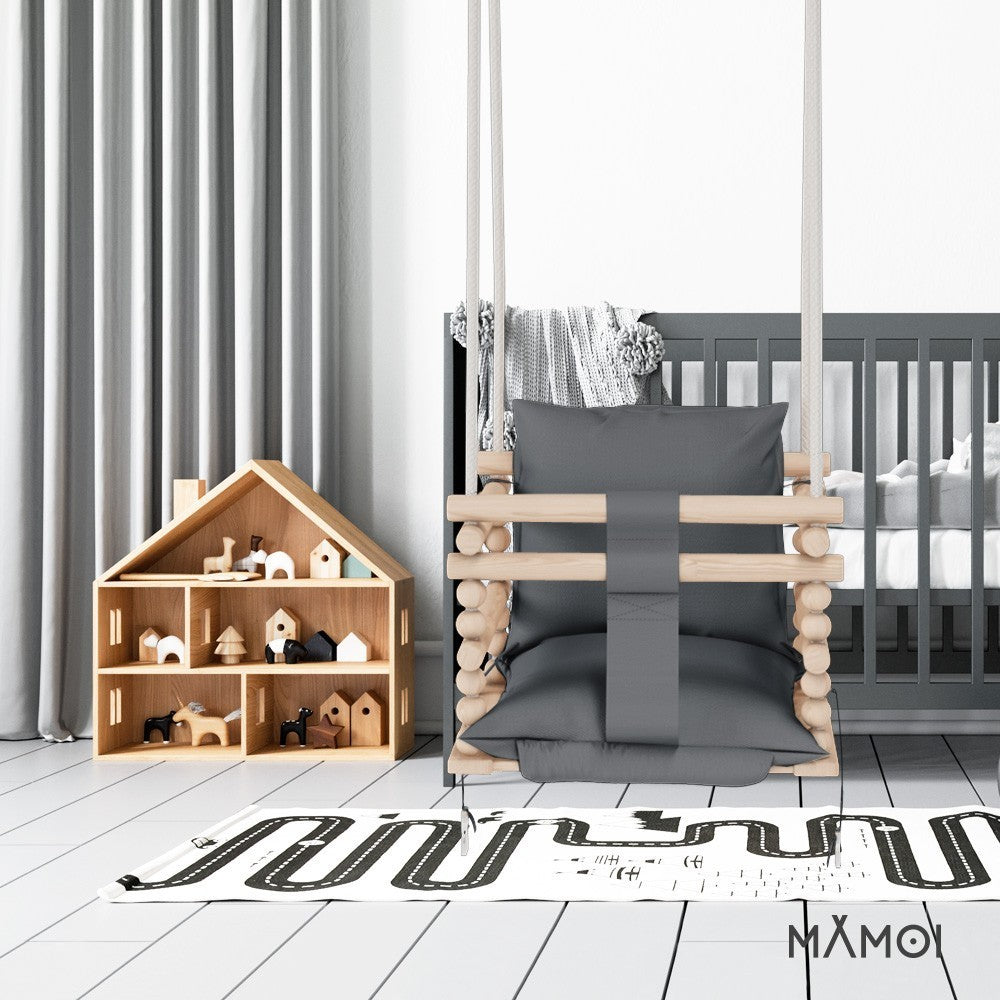 MAMOI® Baby swing Grey, Toddler sensory seat 3 in 1, Wooden door bouncer for kids, Indoor swings set, Chair from birth for toddlers age 1-3-4