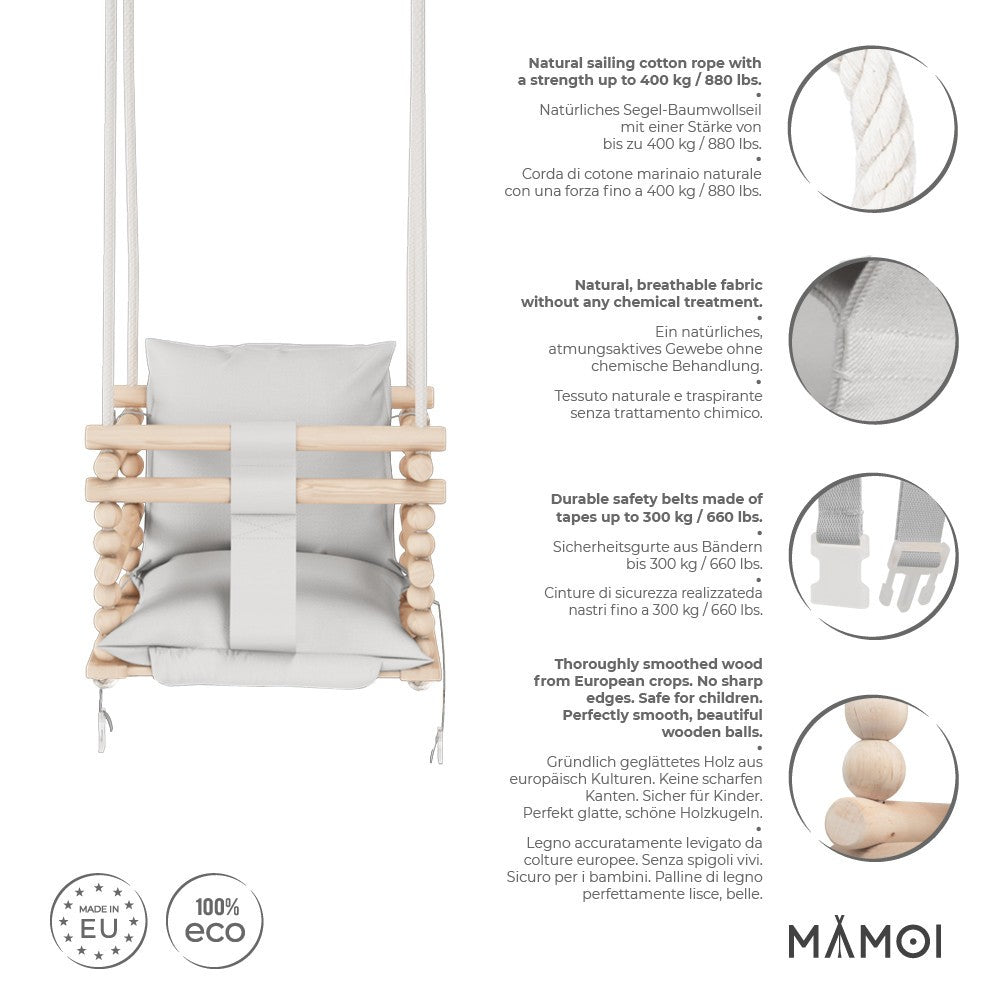 MAMOI® Baby swing Light grey, Toddler sensory seat 3 in 1, Wooden door bouncer for kids, Indoor swings set, Chair from birth for toddlers age 1-3-1