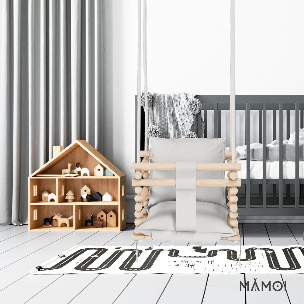 MAMOI® Baby swing Light grey, Toddler sensory seat 3 in 1, Wooden door bouncer for kids, Indoor swings set, Chair from birth for toddlers age 1-3-5