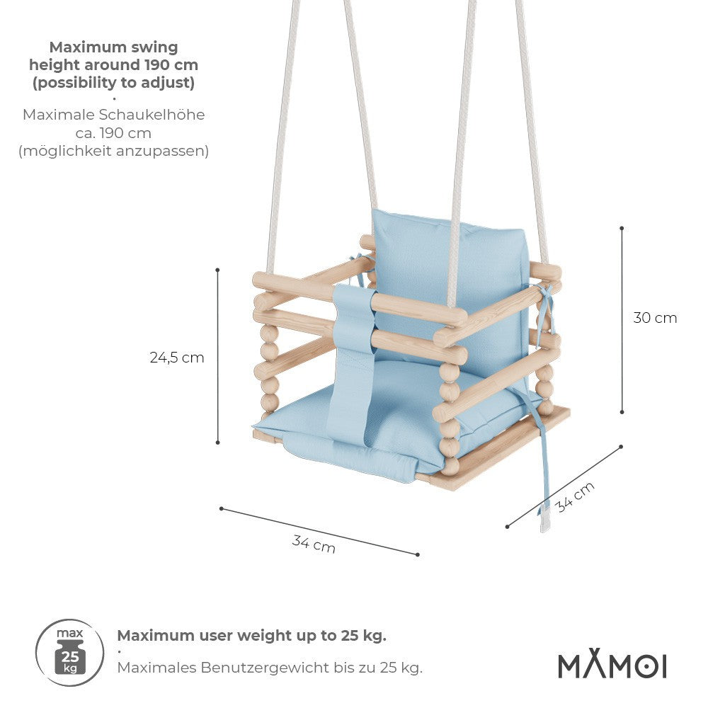 MAMOI® Baby swing Blue, Toddler sensory seat 3 in 1, Wooden door bouncer for kids, Indoor swings set, Chair from birth for toddlers age 1-3-2