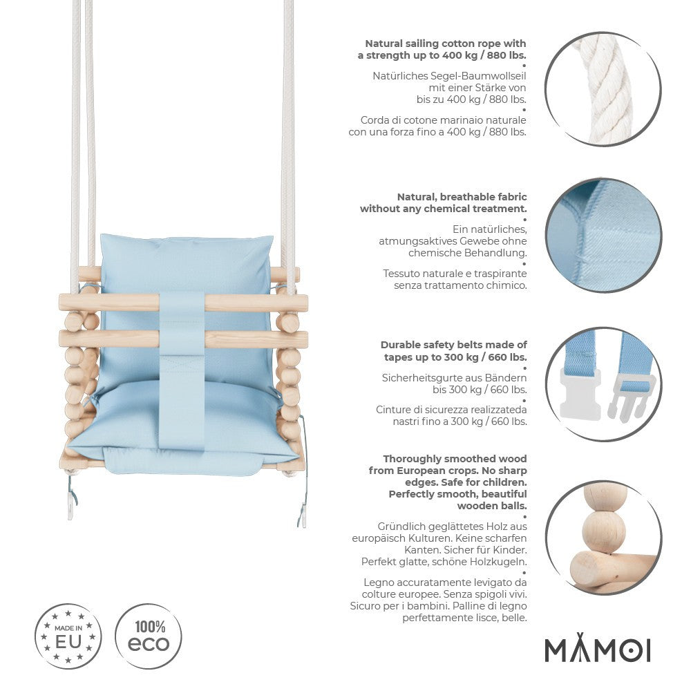 MAMOI® Baby swing Blue, Toddler sensory seat 3 in 1, Wooden door bouncer for kids, Indoor swings set, Chair from birth for toddlers age 1-3-1