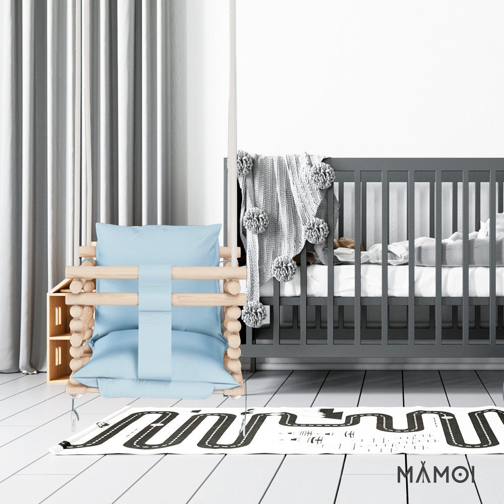 MAMOI® Baby swing Blue, Toddler sensory seat 3 in 1, Wooden door bouncer for kids, Indoor swings set, Chair from birth for toddlers age 1-3-4