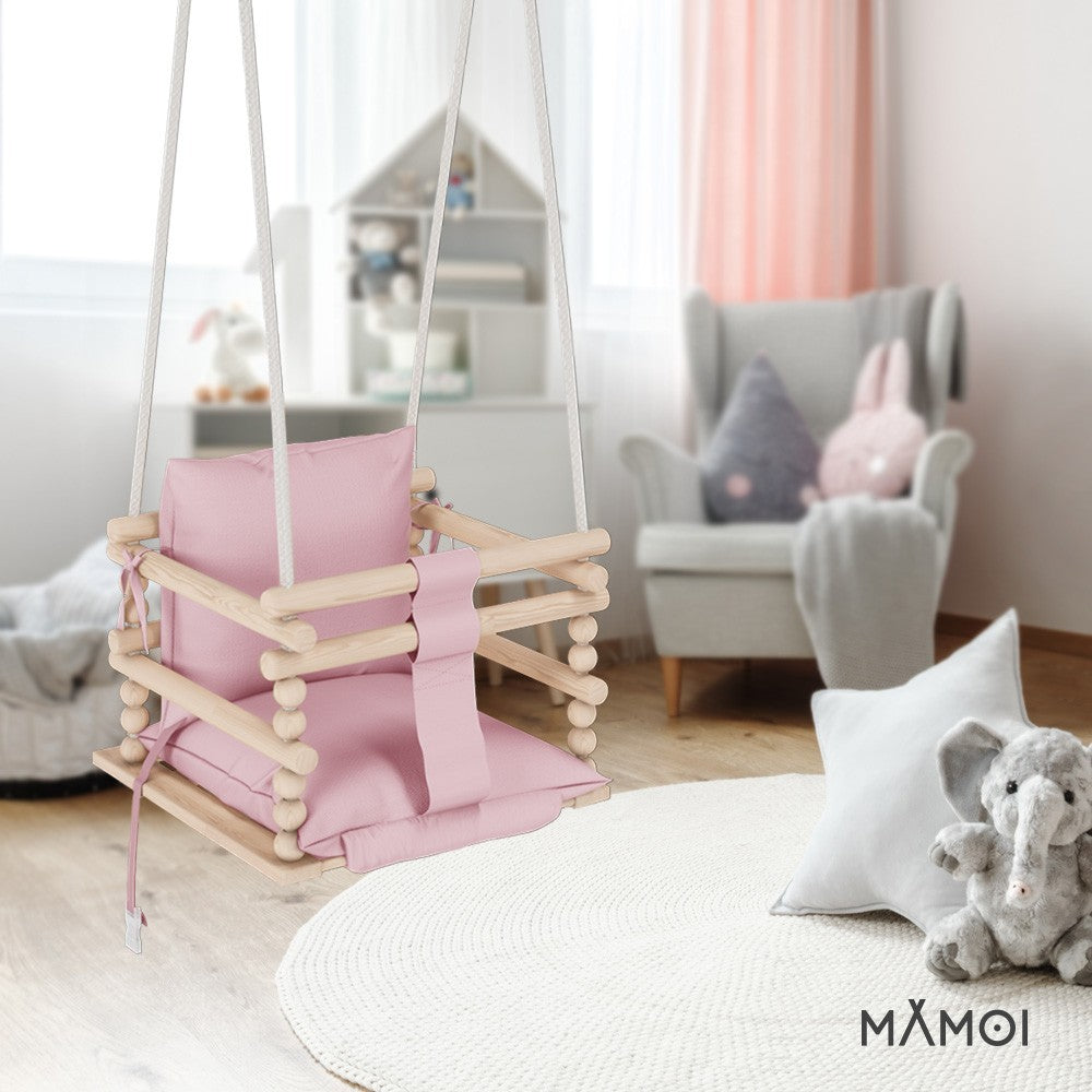 MAMOI® Baby swing Pink, Toddler sensory seat 3 in 1, Wooden door bouncer for kids, Indoor swings set, Chair from birth for toddlers age 1-3-4