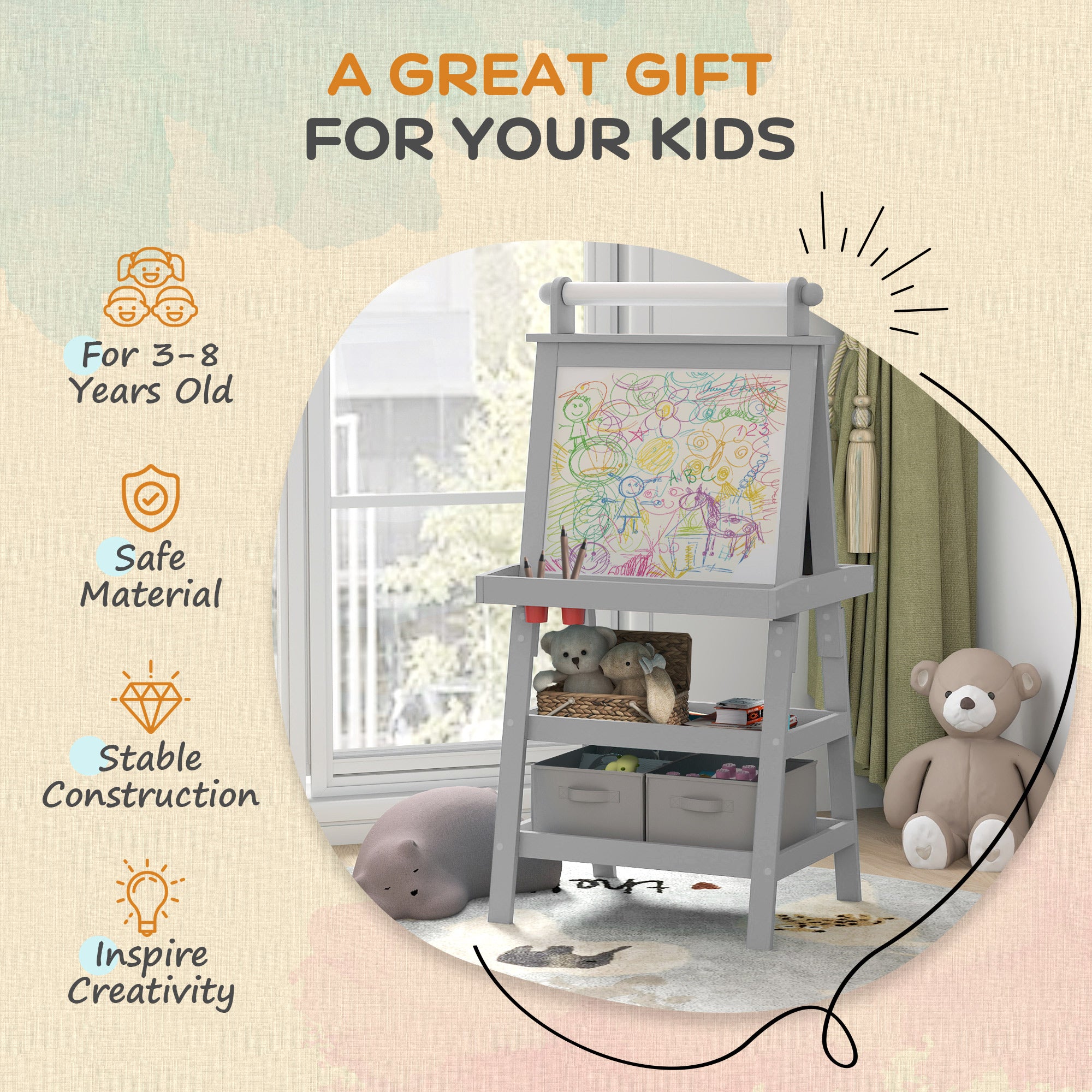 AIYAPLAY 3 in 1 Kids Easel Double-Sided Magnetic Whiteboard and Chalkboard with Paper Roll, Storage Baskets in Grey-4