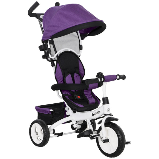 4 in 1 Kids Trike Push Bike w/ Push Handle, Canopy, 5-point Safety Belt, Storage, Footrest, Brake, for 1-5 Years in Purple | HOMCOM-0