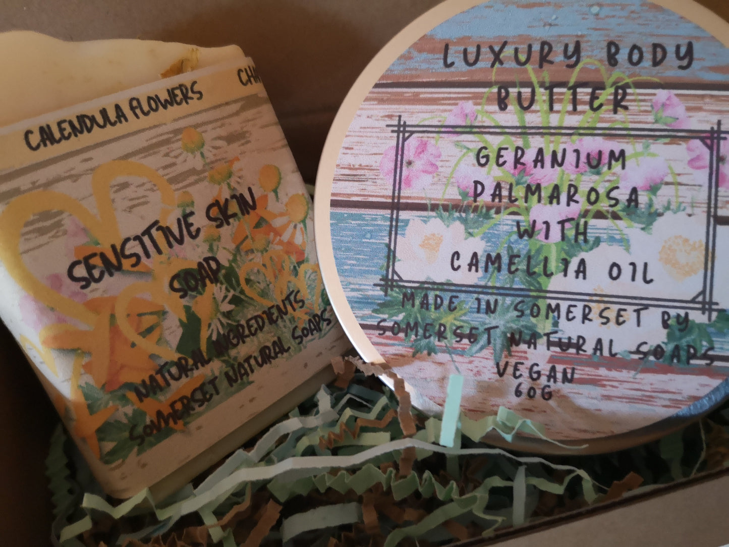 Gift set Geranium & Palmarosa Luxury Body Butter and Geranium & Chamomile Luxury Handmade Vegan Soap