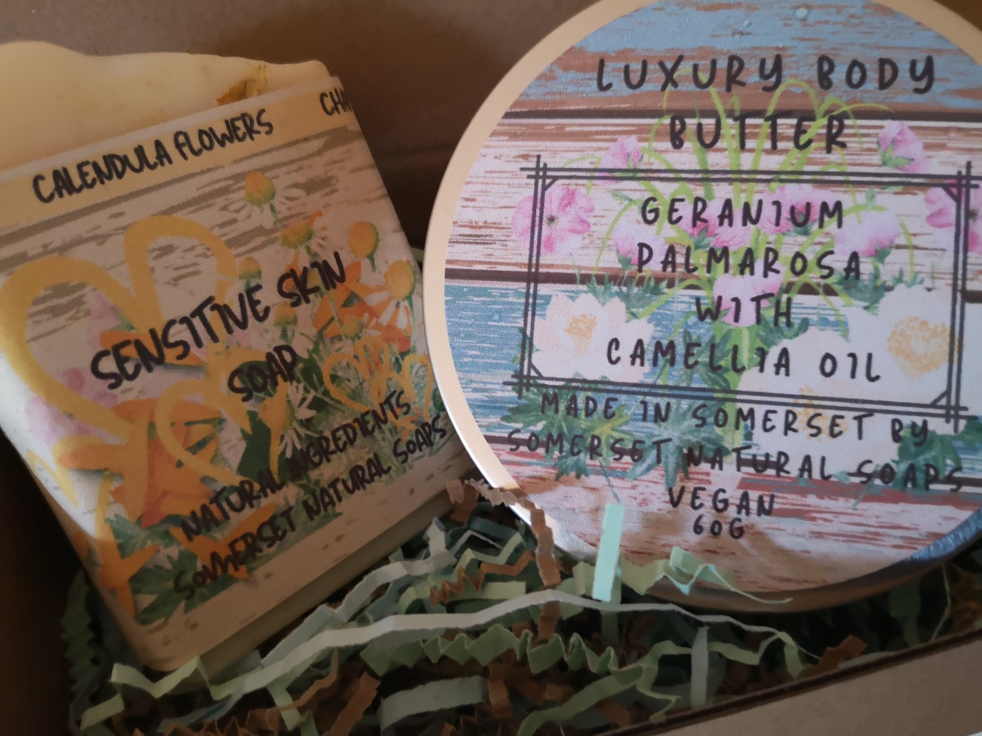 Gift set Geranium & Palmarosa Luxury Body Butter and Geranium & Chamomile Luxury Handmade Vegan Soap