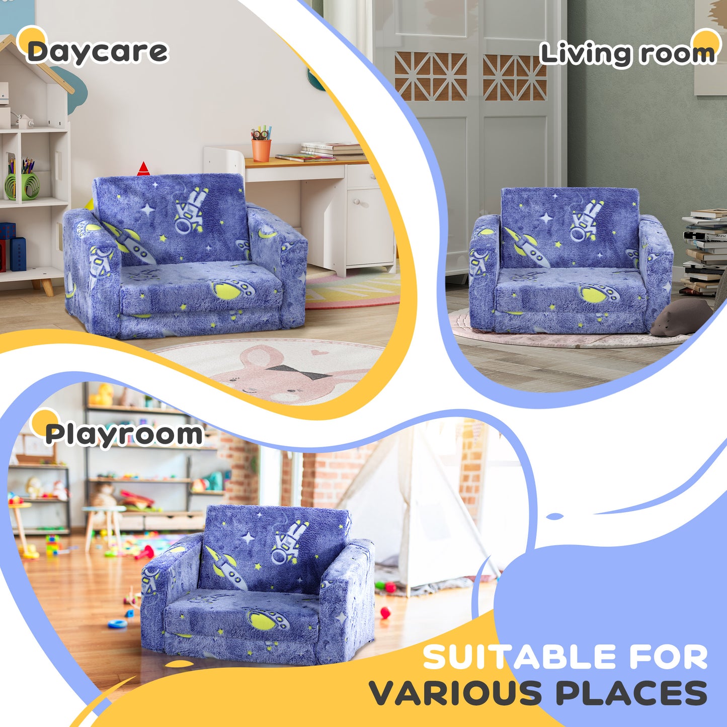 Childrens Sofa Beds 2 in 1 Kids Foldable Chair Bed with Glow in The Dark Cosmic Design, Washable Cushion and Cover, Blue | AIYAPLAY-4