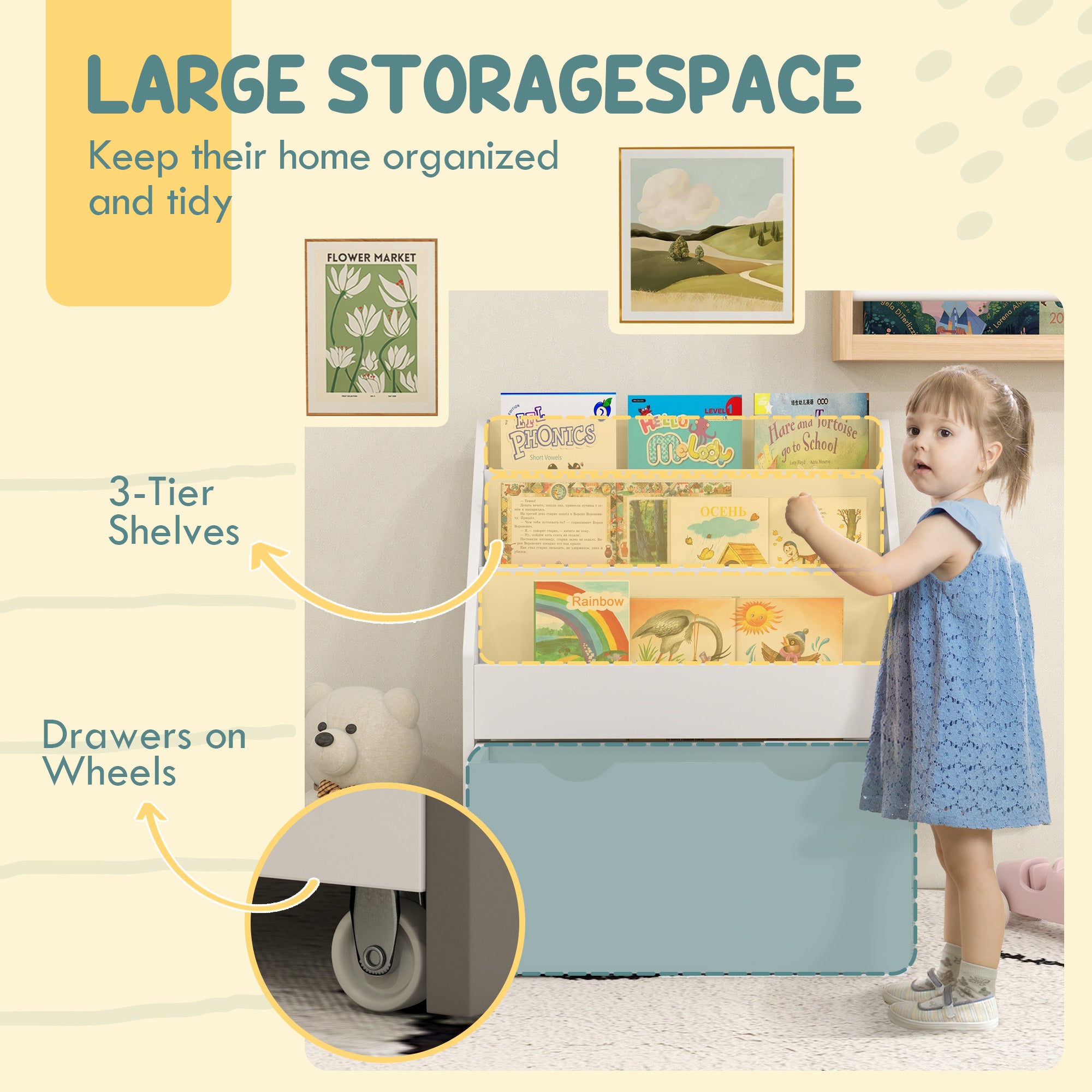 AIYAPLAY Bookcase for Kids with Shelves, Drawer, Bookcase for Bedroom, Playroom in White-2