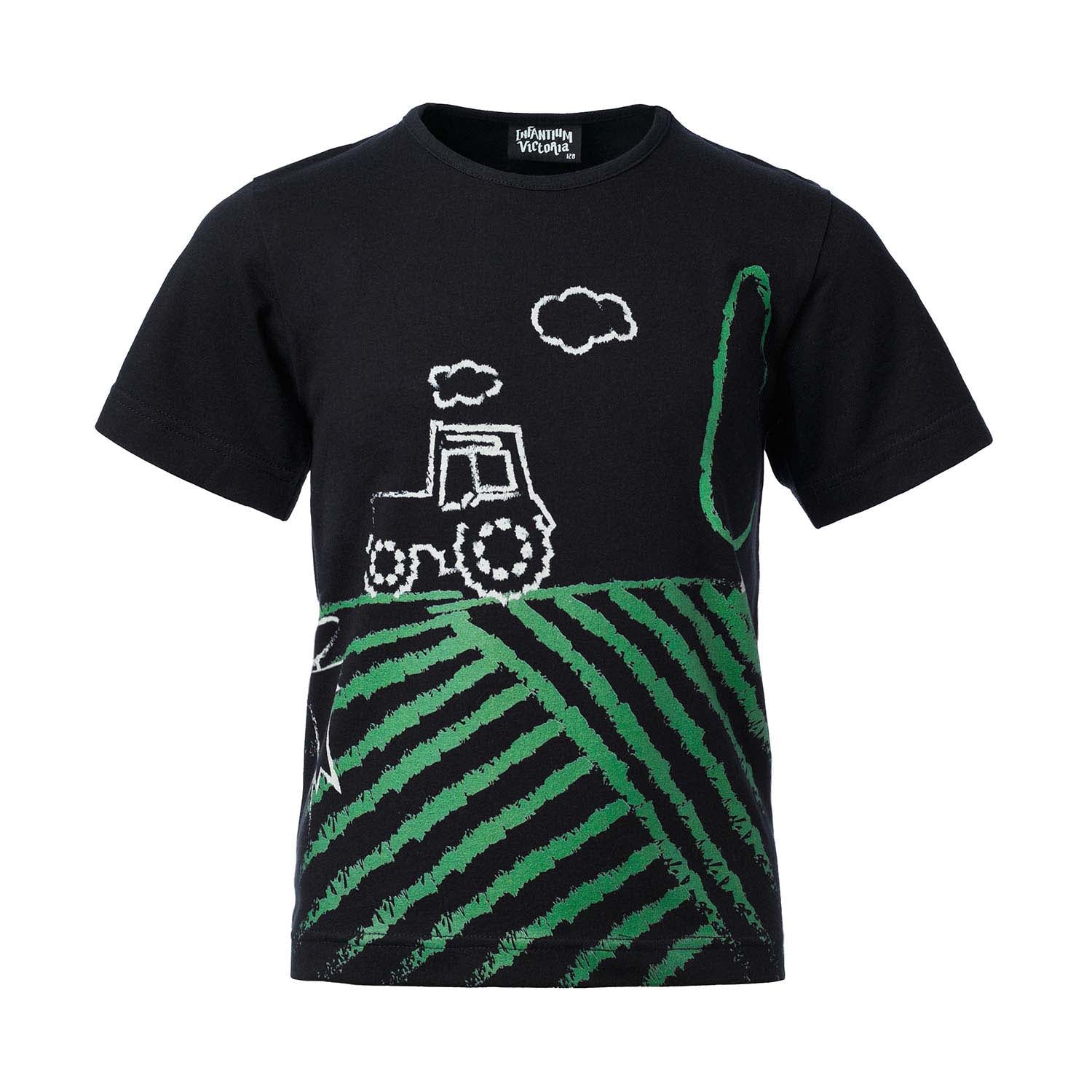 Short Sleeve Black T-Shirt with Tractor Print-0