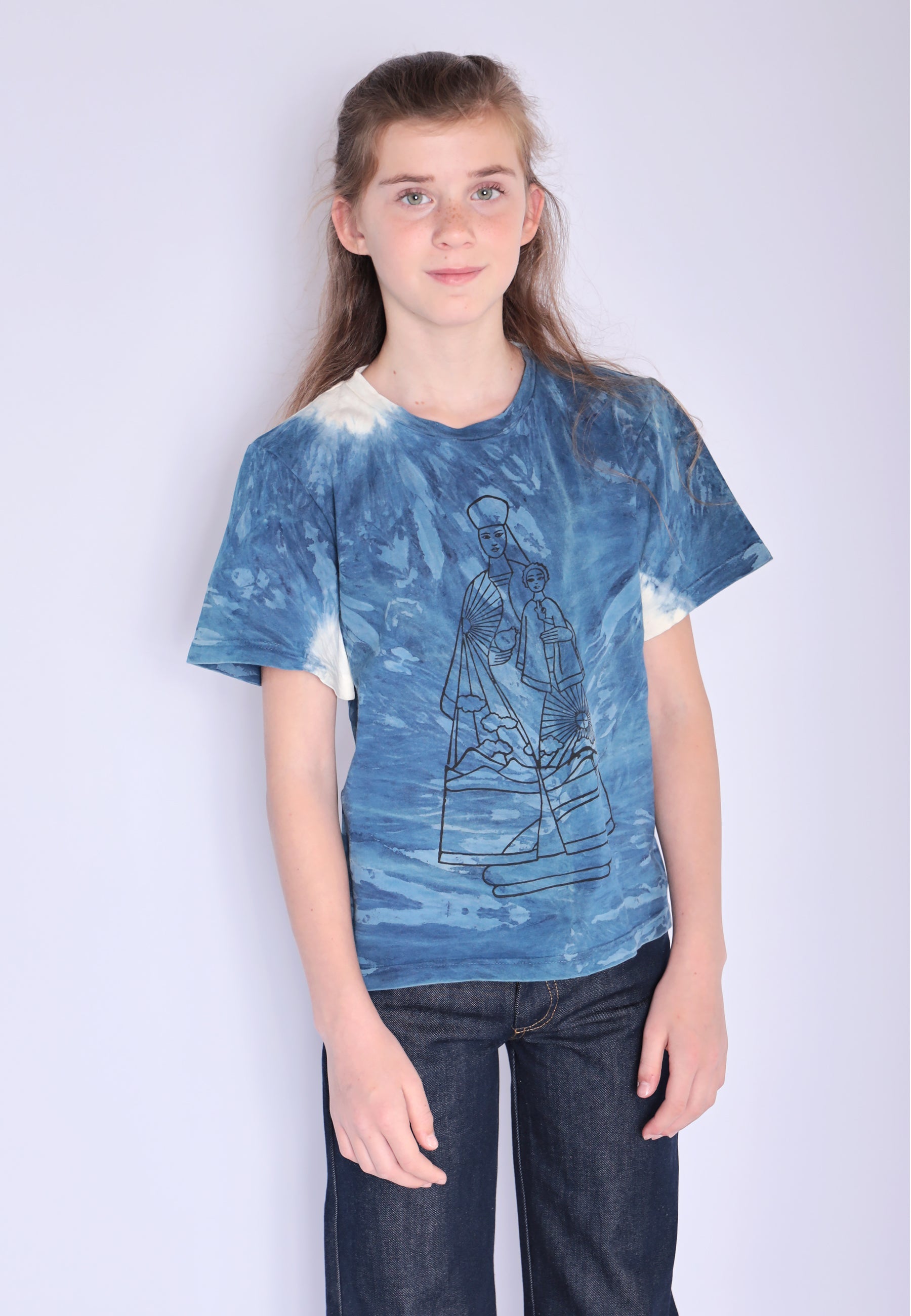 Artisanal Girls and Boys T-Shirt naturally dyed Indigo with Hand Print-1