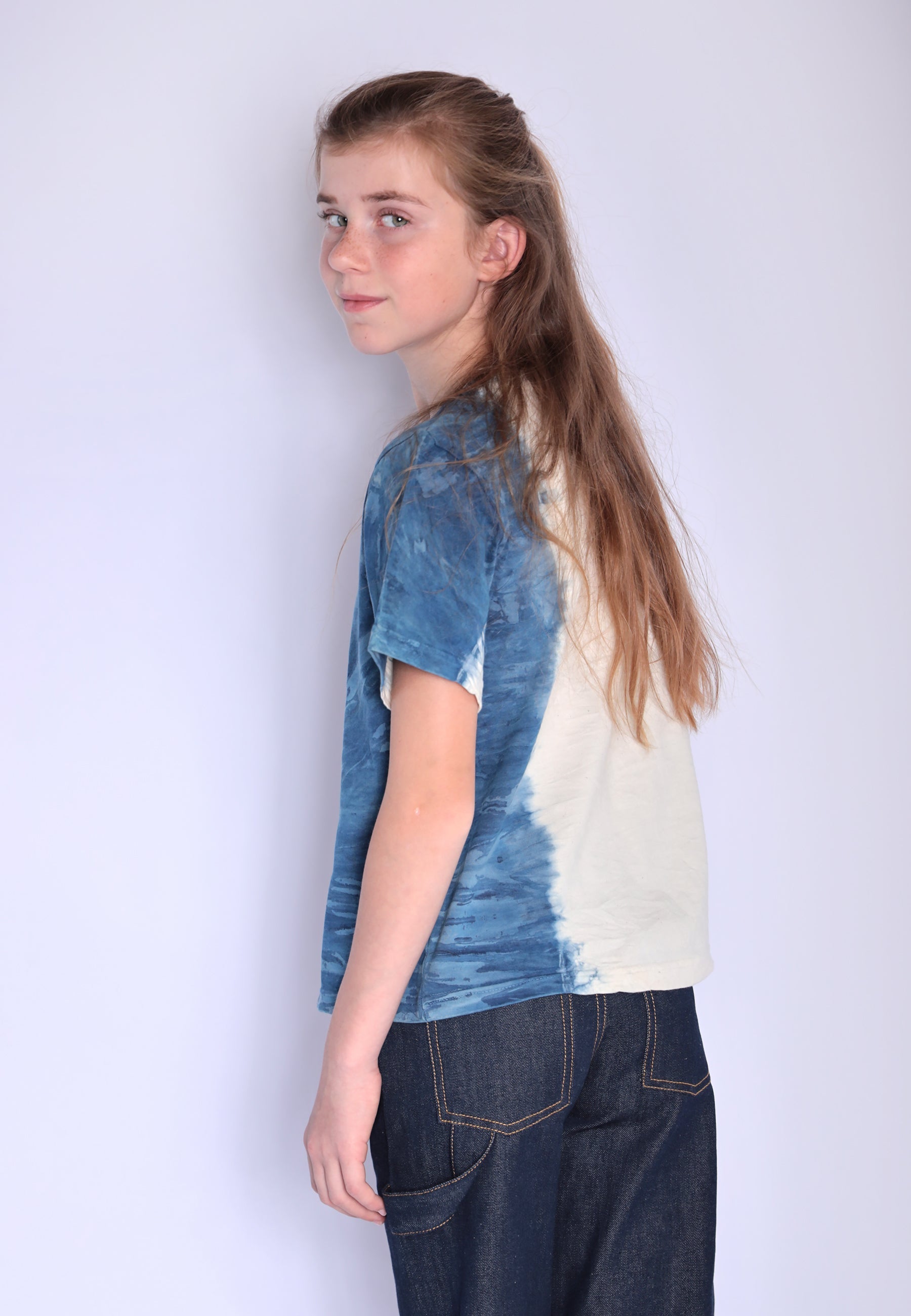Artisanal Girls and Boys T-Shirt naturally dyed Indigo with Hand Print-2
