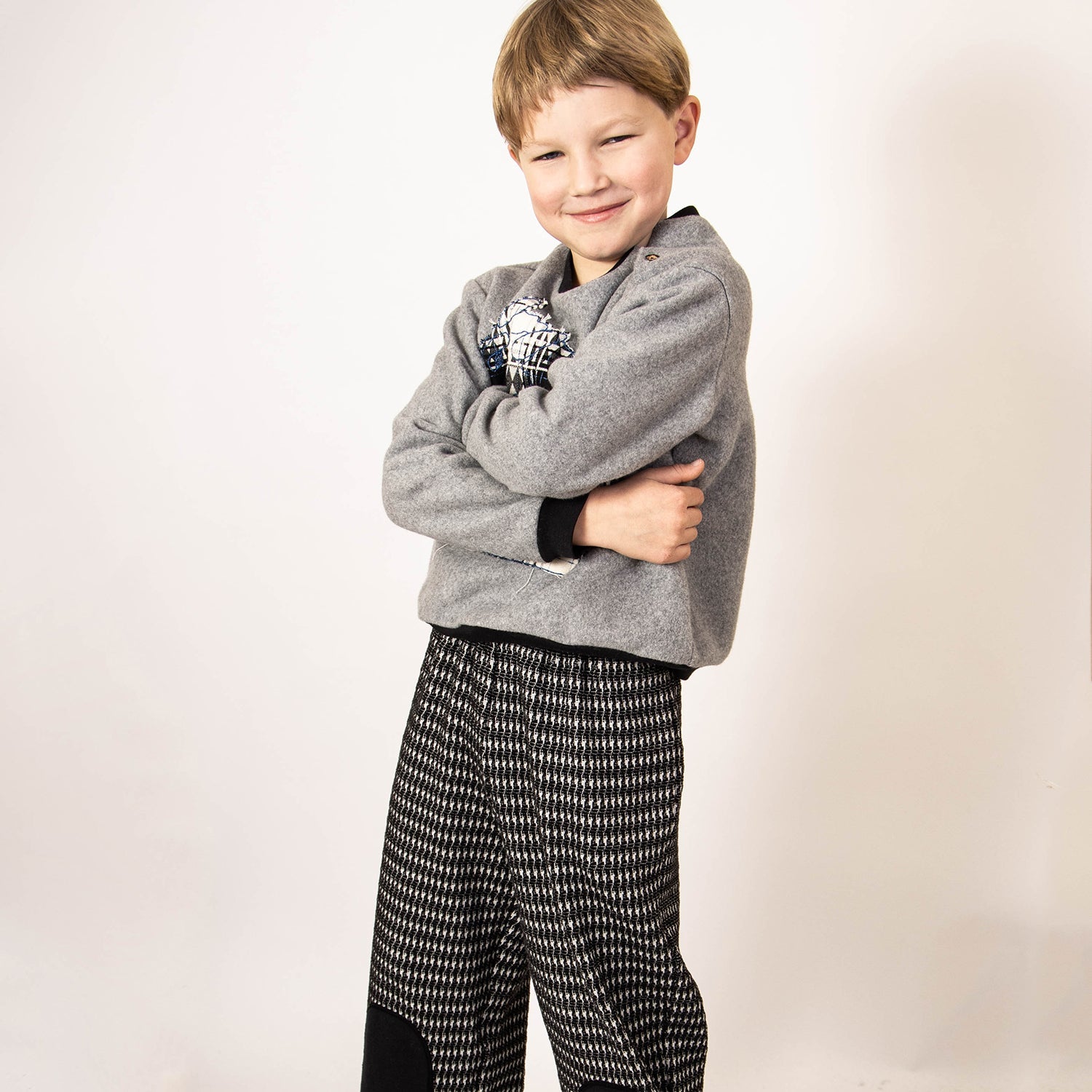 Black and White pied de poule Kids Pants with Knee Patches-1