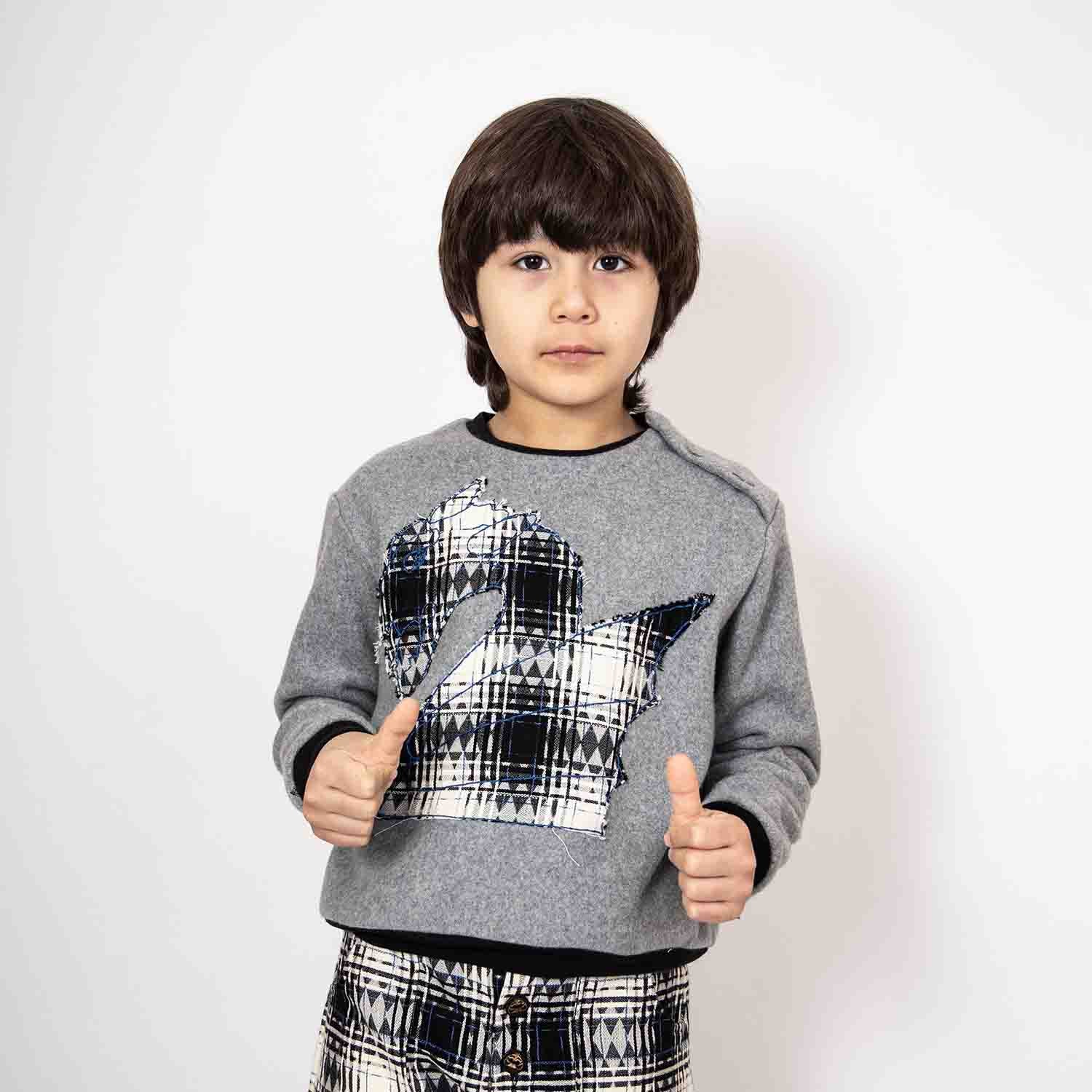Grey Fleece Sweatshirt with Dragon Appliqué-1