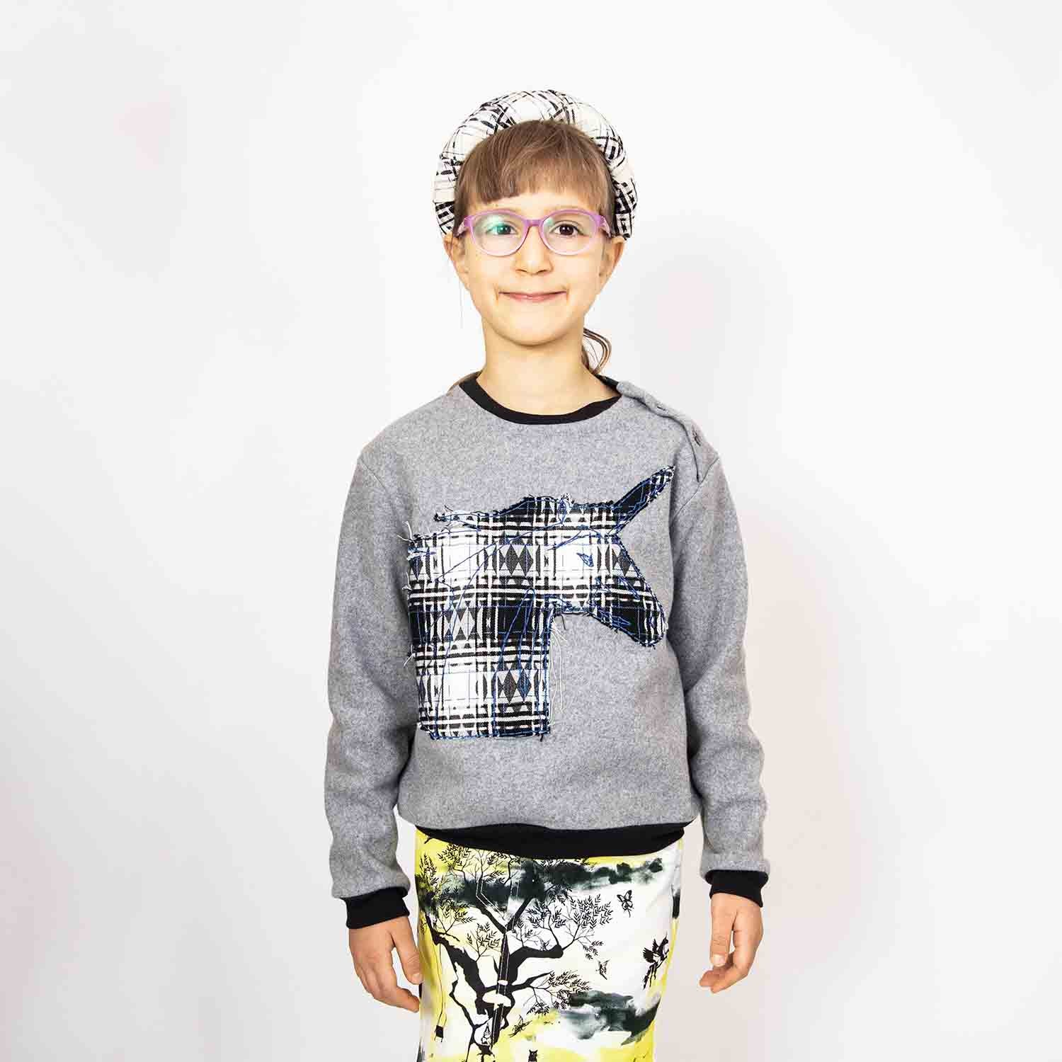 Grey Fleece Sweatshirt with Unicorn Appliqué-1