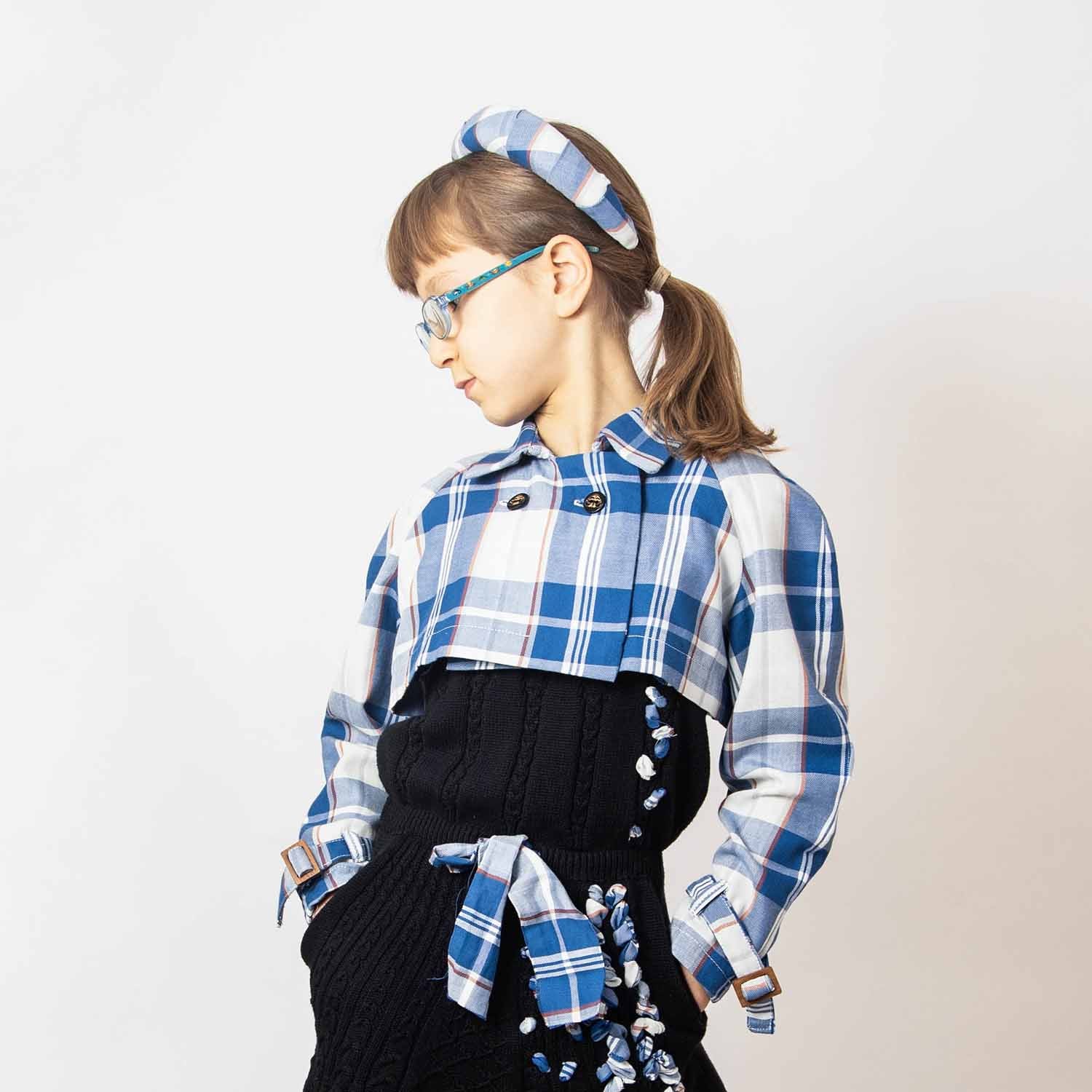 Kids Bolero Jacket in Blue & White Tartan-1