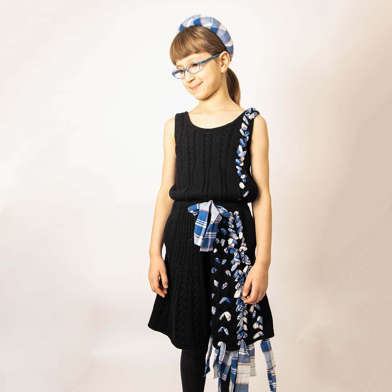 Girls Black Cable Knit Dress with Blue Tartan Details-1