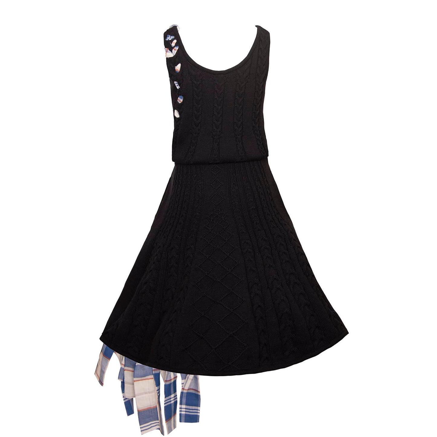 Girls Black Cable Knit Dress with Blue Tartan Details-2