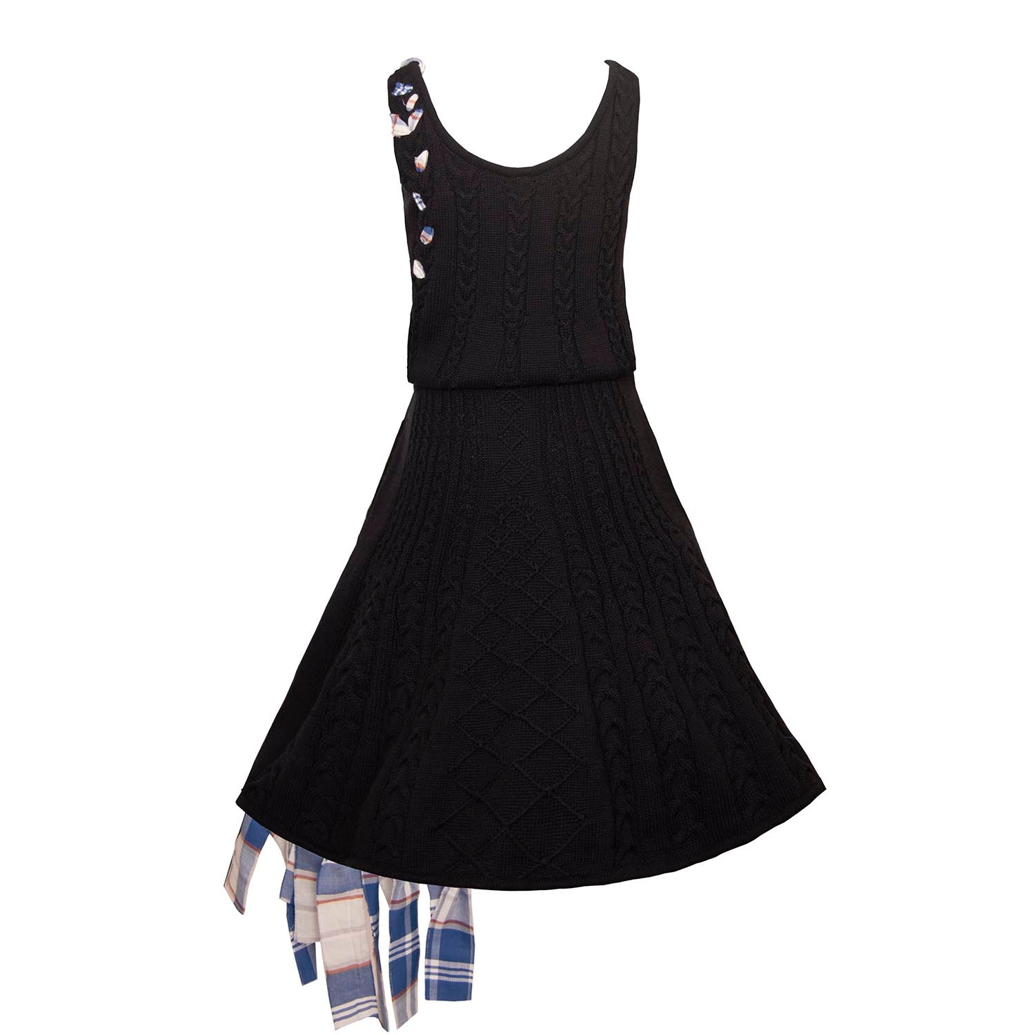 Girls Black Cable Knit Dress with Blue Tartan Details-2