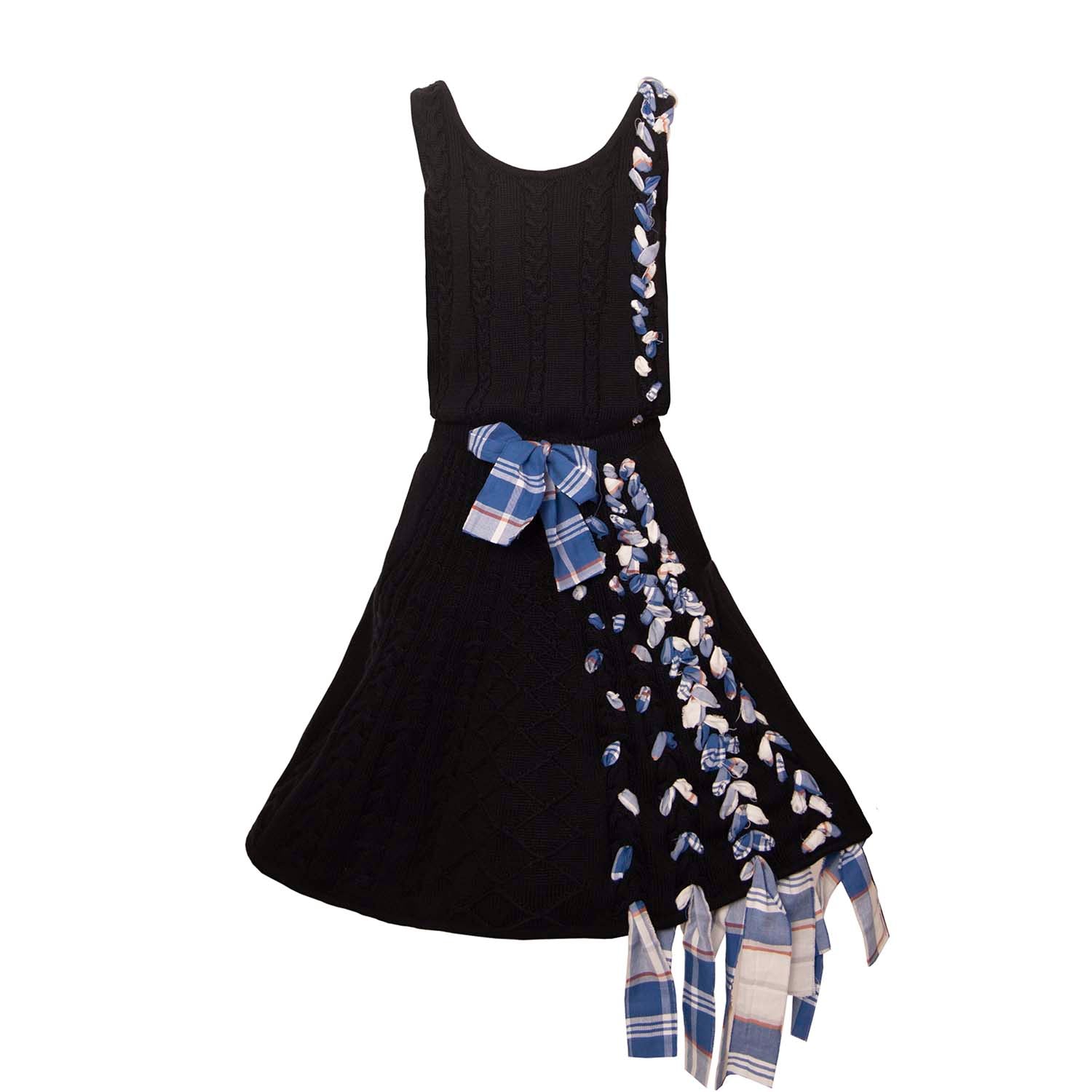 Girls Black Cable Knit Dress with Blue Tartan Details-0