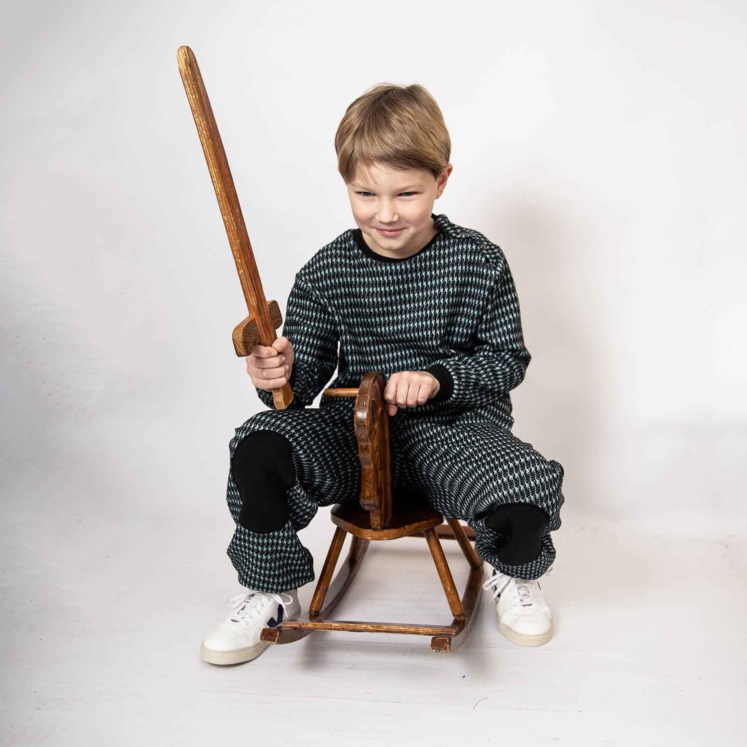 Black and Blue pied de poule Kids Pants with Knee Patches-2