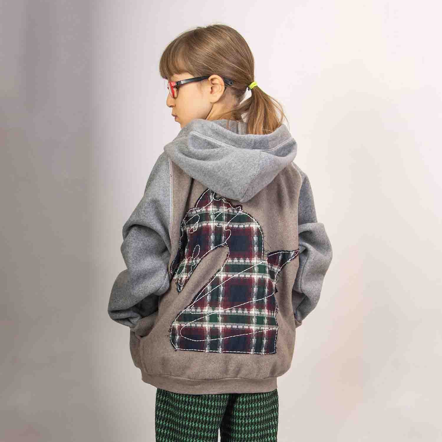 Beige Fleece Hoodie for Kids with Dragon Applique-1