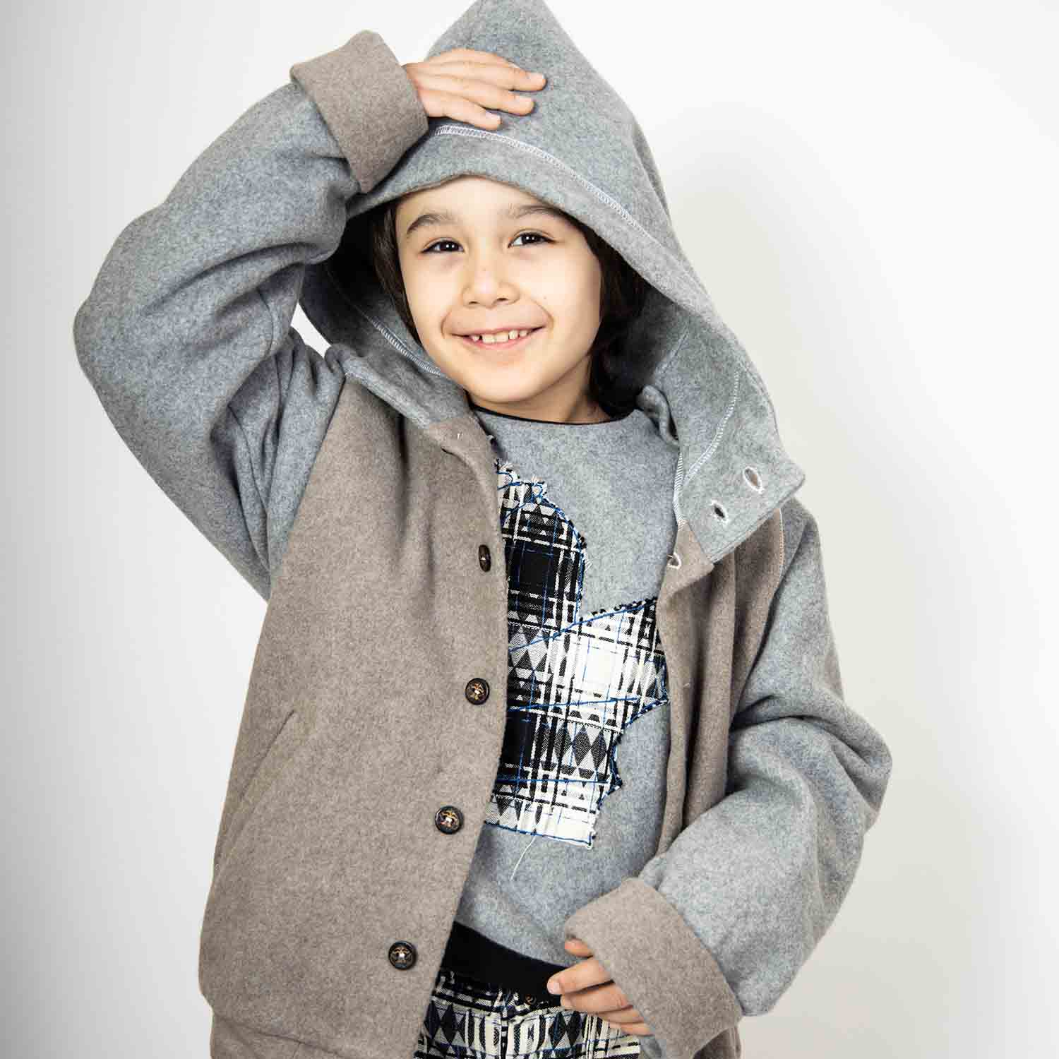 Beige Fleece Hoodie for Kids with Dragon Applique-2