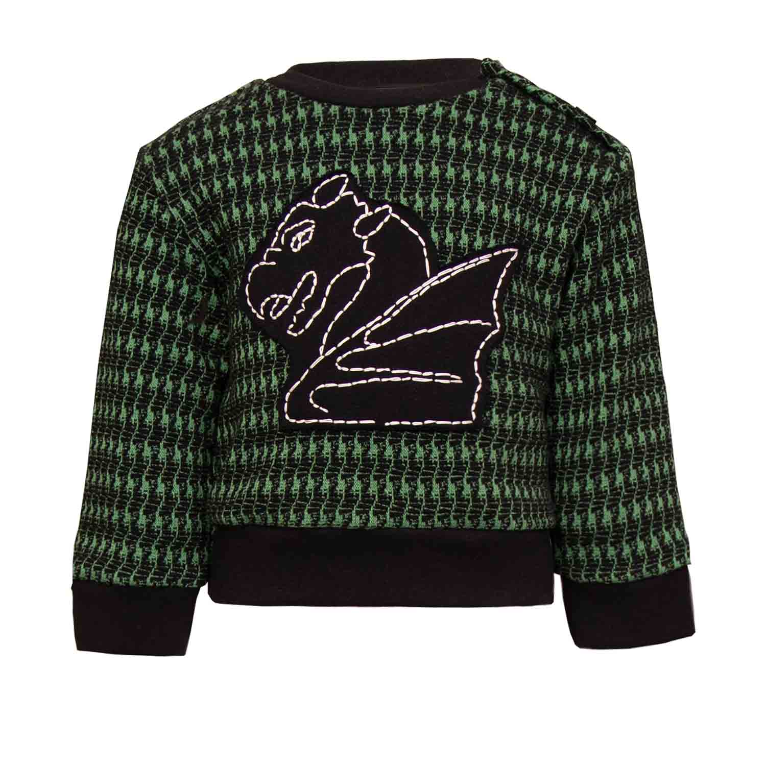 Black and green pied de poule Baby Sweatshirt with Dragon Appliqué-0