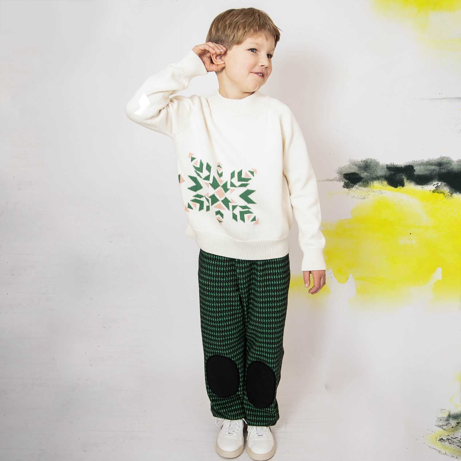 Black and Green pied de poule Kids Pants with Knee Patches-1