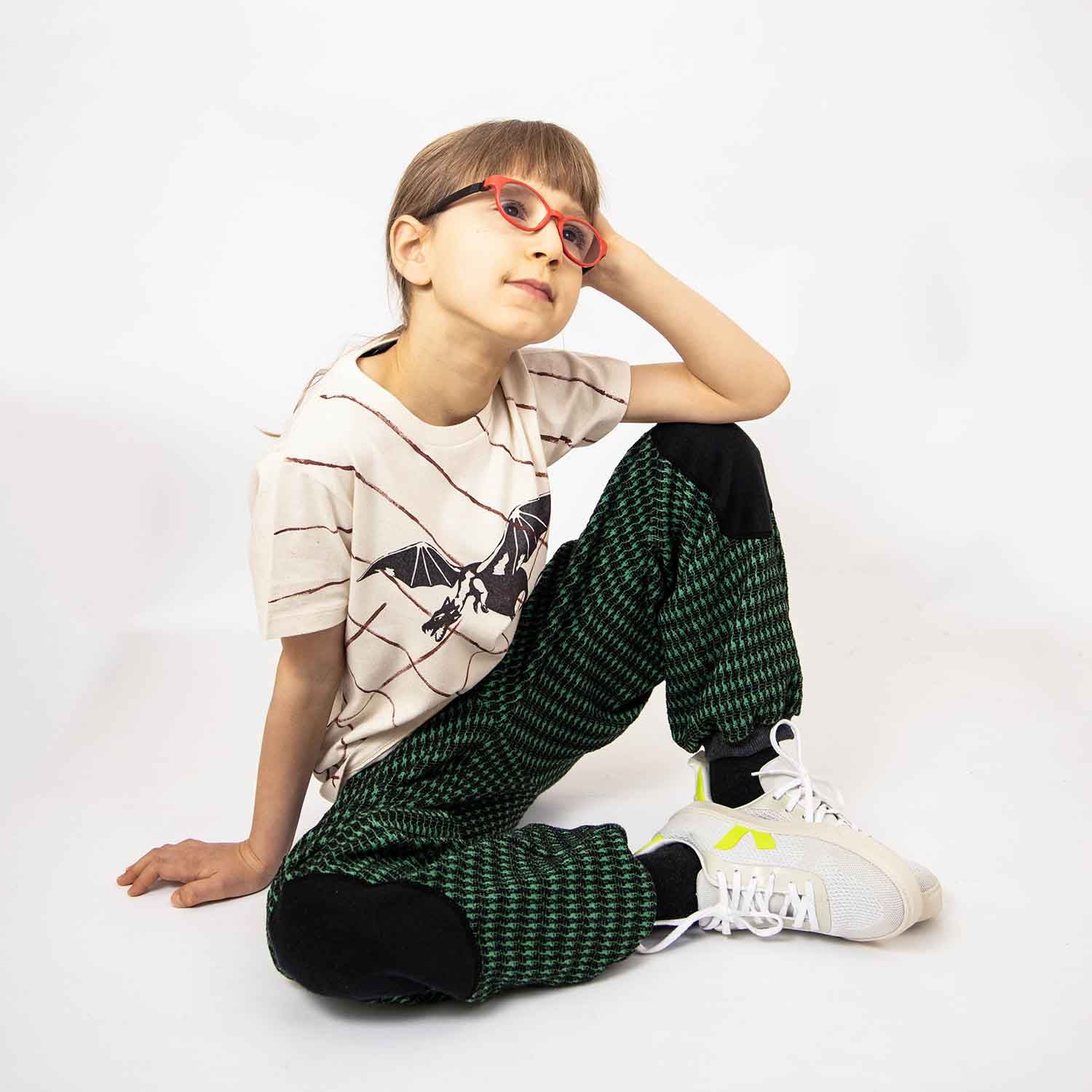 Black and Green pied de poule Kids Pants with Knee Patches-2