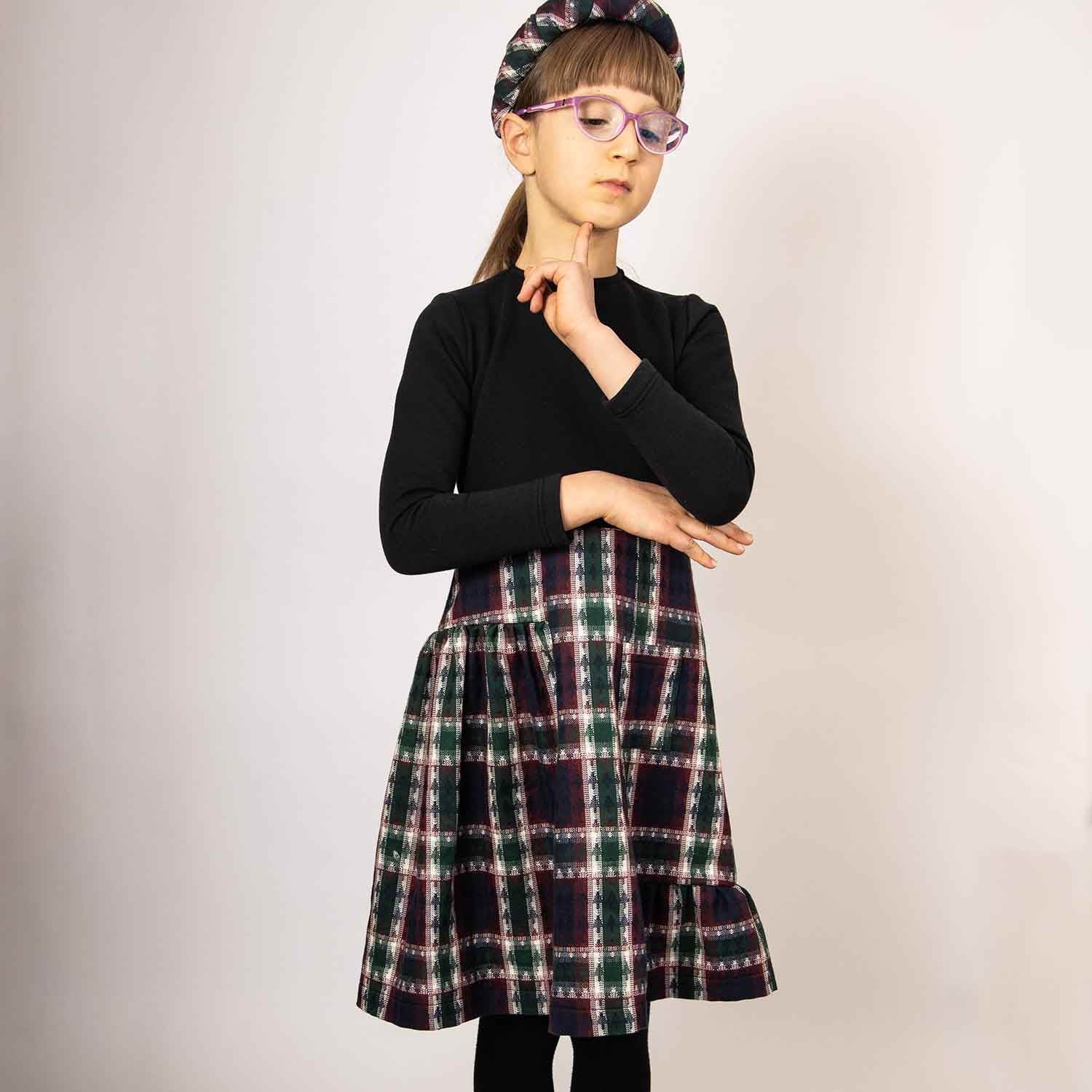 Black Dress with Tartan Skirt in Red & Green-1